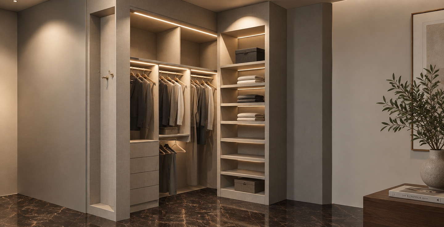 An incredibly lifelike, richly detailed, photorealistic interior perspective of a bespoke walk-in closet set in a minimalist haven. The scene is illuminated by soft, recessed LED accent lighting that casts a warm, ethereal glow on the upper shelving, creating a serene and zen-inspired atmosphere. Captured with a 35mm wide-angle lens, emphasizing the fine, textile-like grain of the light-gray cabinetry against the high-gloss, dark-veined marble flooring.

This streamlined storage system serves as the anchor of an uncluttered, monochromatic dressing suite. The design features a perfect symmetry between functional hanging space and a vertical stack of elegant, open-faced shelves, all rendered with sharp, crisp edges and flawless finish. The composition focuses on the architectural rhythm of the closets, balanced by the interplay of shadow and light. Surrounding the cabinetry, the room is envisioned as a tranquil retreat, where clutter-free surfaces, a curated coffee-table photography book on a nearby sleek wooden surface, and a single sculptural indoor plant enhance the sophisticated, modern aesthetic. The atmosphere is one of calm, refined luxury, where every element feels intentional, simple, and impeccably maintained.