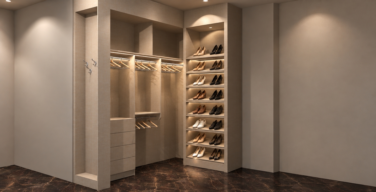 An incredibly lifelike, richly detailed, photorealistic interior shot of a sophisticated walk-in closet system set in a serene, minimalist haven. The scene is illuminated by soft, recessed LED accent lighting, creating a tranquil and luxurious atmosphere. Captured with a 35mm lens, emphasizing the fine, linen-textured finish of the custom cabinetry and the deep, veined richness of the polished dark marble flooring.

This bespoke closet design exudes elegance through its clean, structured lines and purposeful organization. The left section features a seamless integration of sleek hanging rods and a stack of handle-less, push-to-open drawers, accented by polished chrome hooks for accessories. The centerpiece is a dedicated, custom-lit shoe gallery; each shelf is precision-engineered with a subtle tilt, perfect for displaying a curated footwear collection. The interplay between the warm, ambient glow of the spotlights and the matte finish of the cabinetry creates a sense of depth, while the minimalist color palette ensures the space feels airy and refined, transforming a functional storage area into a boutique-inspired sanctuary.