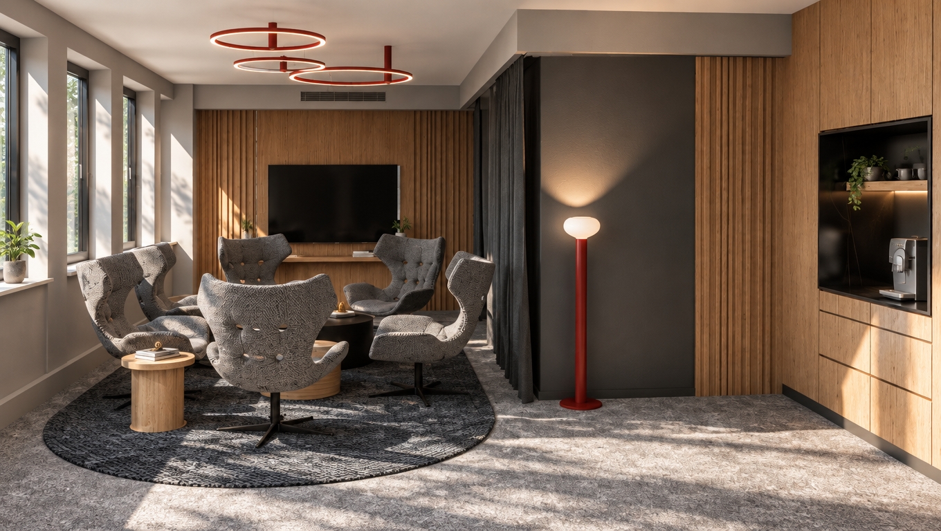 A realistic architectural interior photograph of this modern lounge area captured on a bright summer midday, maintaining the exact layout, geometry, and composition. Crisp, high-angle sunlight streams through the windows on the left, casting natural, well-defined shadows across the textured grey carpet and highlighting the weave of the upholstered armchairs. Warm natural tones illuminate the wood slat walls and matching cabinetry, showing fine grain details and subtle surface imperfections. The overhead red circular fixtures emit a soft, balanced ambient glow, complementing the warm light of the red standing lamp against the matte grey partition. Reflections on the dark screen and sleek coffee station are physically accurate and softly diffused, shot on a 35mm lens with balanced exposure, sharp interior depth of field, natural dynamic range, and subtle film grain.