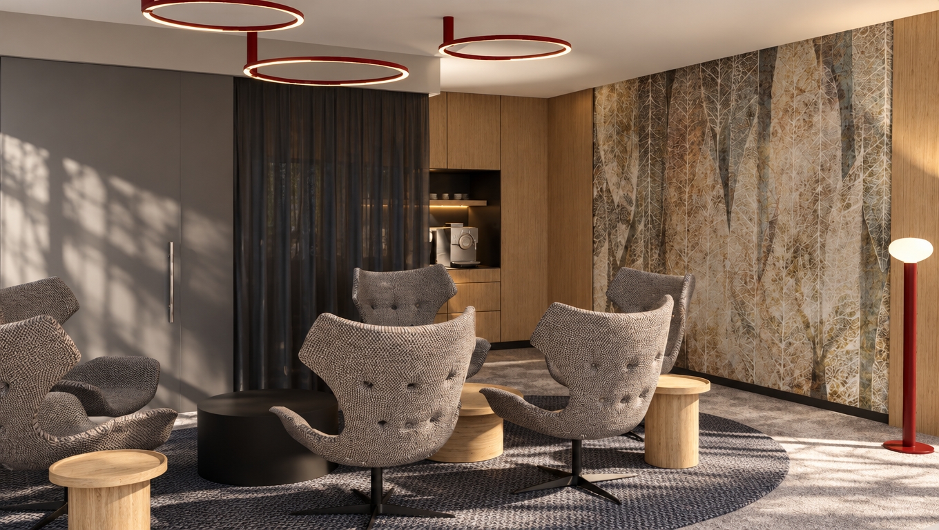A crisp architectural photograph captures this lounge interior under bright, natural midday spring light, balanced seamlessly with the soft warm glow of the red circular ceiling fixtures. The composition and framing remain identical, highlighting authentic physical textures: detailed, coarse fabric weave across the modern wingback chairs, tactile wood grain on the cabinetry and accent tables, and the delicate fibrous depth of the leaf-patterned wall mural. Ambient daylight casts soft, natural shadows across the speckled carpet, complemented by faint surface micro-imperfections, gentle falloff, subtle lens vignetting, and lifelike photographic exposure.