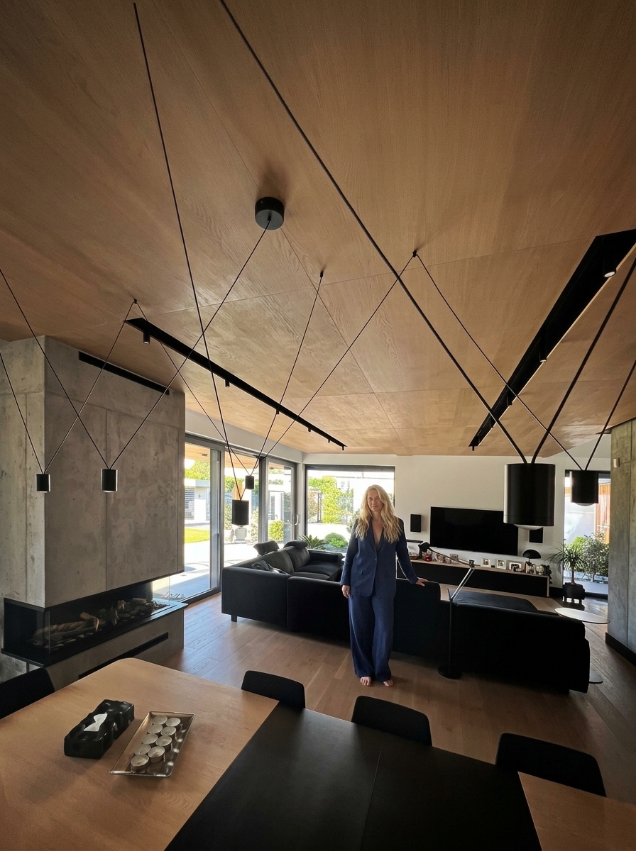 Transform this reference image into a hyper-realistic, high-end architectural lifestyle photograph, strictly preserving the existing architecture, furniture arrangement, materials, and camera perspective.
Preserve exactly:
- Architecture and room geometry: the natural wood-paneled ceiling, concrete fireplace structure with glass firebox, dark window framing, and light wood flooring.
- Suspended black geometric cable pendant lighting system with cylindrical fixtures.
- Furniture and layout: dining table and chairs in foreground, black sectional sofa, media console, TV, and outdoor terrace visible through glass sliders.
- Camera angle, focal length, framing, and composition.
Photographic and Lighting Enhancements:
- Upgrade to professional full-frame architectural photography realism with organic micro-contrast, tactile textures, and refined material response.
- Lighting: Atmospheric, slightly underexposed, moody interior with warm 2700–3000K artificial light accentuating wood grains, matte concrete, and dark fabrics, balanced with soft, natural exterior daylight from the glass doors.
- Physically accurate reflections, contact shadows, and global illumination across all surfaces.
Human Integration:
- Naturally integrate an adult blonde woman into the living area, standing gracefully and casually without an exaggerated fashion pose.
- Hair: Long, loose, softly wavy natural blonde hair with realistic flyaway strands and texture.
- Outfit: Relaxed, slightly oversized tailored blazer and matching flowing, full-length, wide-leg trousers made of premium matte textured linen in deep navy blue.
- Barefoot, physically grounded on the wood floor with realistic contact shadows.
- Perfectly matched to the interior's ambient lighting, scale, and depth of field, looking authentically photographed inside the space.