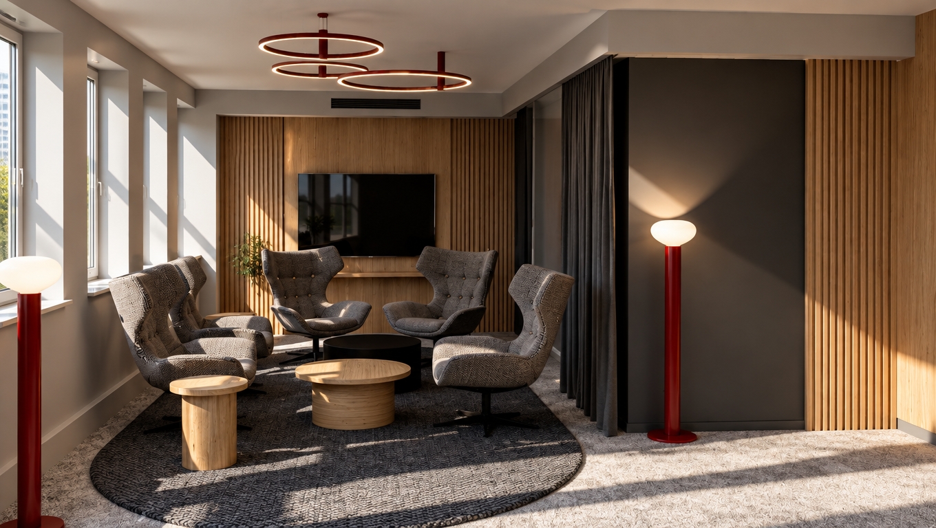 A professional architectural photograph captured with a wide 35mm lens under bright midday summer sunlight streaming through the windows, casting sharp, high-contrast diagonal shadows across the room. Subtle warm fill light balances the harsh exterior sun, emanating softly from the red circular ceiling lights and standing floor lamps. The image emphasizes tactile realism through authentic micro-textures: fibrous gray woven fabric on the armchairs, detailed matte grain on the fluted oak accent walls and round coffee tables, realistic weave in the dark rug, and gentle fabric draping on the curtain. Natural contact shadows, faint film grain, and subtle highlights across reflective surfaces replace the digital render look with genuine photographic depth.