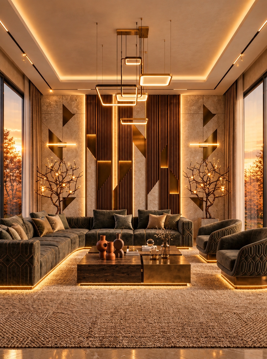 An incredibly lifelike, richly detailed, photorealistic interior shot of a sophisticated living room set in an environment exuding a blend of contemporary luxury and refined French country charm. The scene is illuminated by a warm, golden glow from concealed perimeter cove lighting and a custom geometric chandelier, creating an opulent and inviting atmosphere. Captured with a 35mm lens, emphasizing the intricate textures of the velvet-upholstered sectional, which now features subtle, razor-thin LED profile lighting integrated into the sofa’s base to cast a soft, ethereal halo on the floor.
The focal point is an architectural wall finished in a masterfully layered composition of matte stone panels and vertical walnut-stained timber slats, accented by recessed gold channels. Flanking this are sculptural, stylized iron-branch trees that capture the light, bridging the gap between nature and refined design. The space is anchored by a large-scale, textured rug and a set of heavy, artisanal coffee tables in wood and brushed bronze. Through the floor-to-ceiling windows, the soft light of a golden hour sunset bathes the room in a gentle, atmospheric warmth, highlighting the impeccable craftsmanship of the tufted upholstery and the deep, rich tones of the materials.