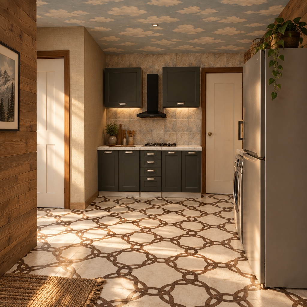 An incredibly lifelike, richly detailed, photorealistic interior shot of a cozy mountain escape kitchen set in a serene alpine environment. The scene is illuminated by soft, natural golden-hour light streaming through hidden windows, creating a warm, inviting, and tranquil atmosphere. Captured with a 35mm wide-angle lens, emphasizing the rich textures of rustic wood grain, matte charcoal cabinetry, and the intricate, geometric patterned floor tiles that anchor the space.

This cabin-inspired kitchen blends modern functionality with rugged charm; deep forest-green accents pair beautifully with earthy brown walls and warm neutral tones, grounding the space in its mountain-side context. Sturdy, handcrafted wooden cabinetry provides a sense of permanence, while subtle mountain-inspired decor and a lush indoor plant resting near the white-goods add a touch of organic life. The composition draws the eye toward the sleek kitchen workstation, perfectly framed by the clean lines of the surrounding doorways. A delicate cloud-patterned ceiling adds a whimsical, airy contrast to the solid, grounding textures of the room, evoking the feeling of a peaceful retreat nestled high in the mountains.