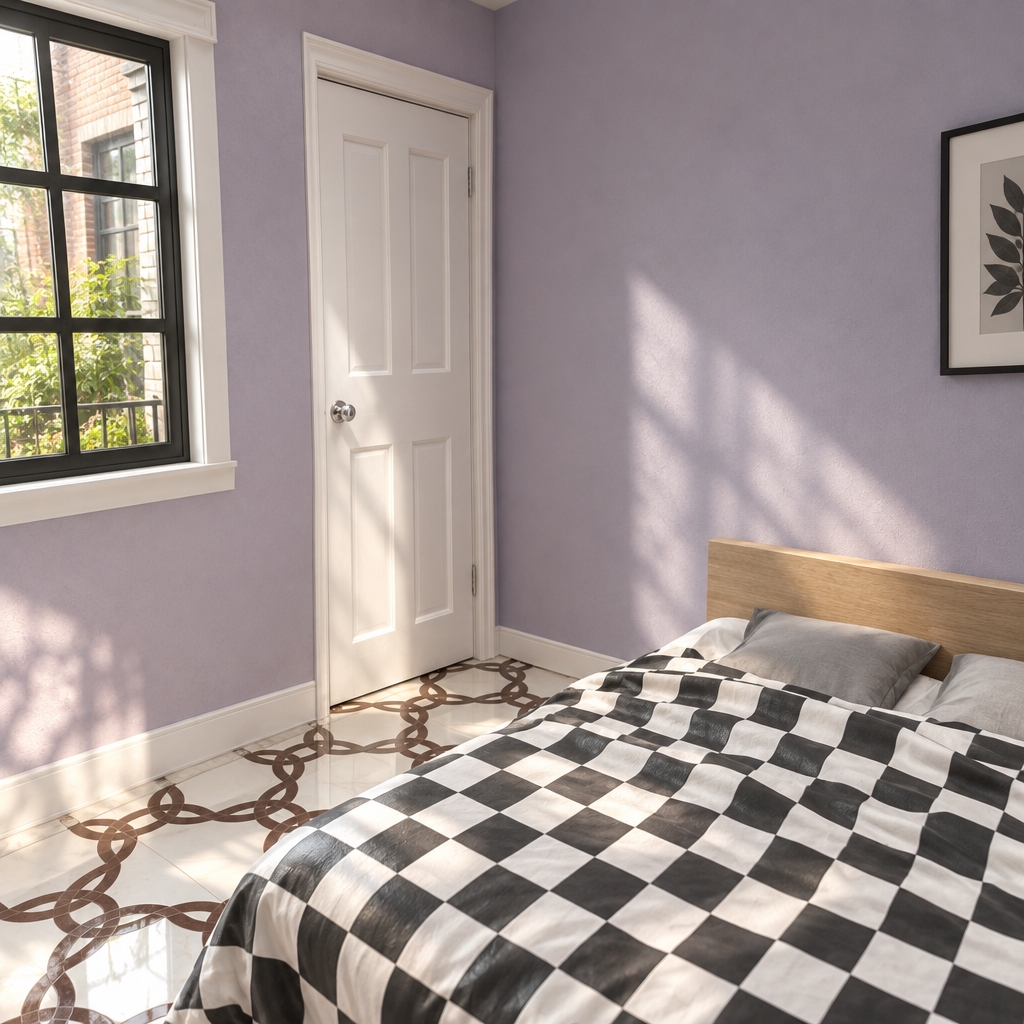 An incredibly lifelike, richly detailed, photorealistic interior shot of a contemporary fusion bedroom set in an urban loft apartment. The scene is illuminated by soft, natural morning light filtering through the window, creating a serene and sophisticated atmosphere. Captured with a 35mm lens, emphasizing the crisp contrast between the bold, geometric floor tiles and the smooth, matte lavender-toned walls.

The room balances industrial charm with modern minimalism; the dark, metallic-framed window provides a sharp architectural anchor against the soft wall textures. The bed features a clean-lined wooden headboard and a dynamic, high-contrast black-and-white checkered duvet, which perfectly complements the intricate, circular lattice pattern on the polished tile flooring. A touch of lush greenery is visible just beyond the pane, hinting at a vibrant balcony garden. The composition uses a shallow depth of field to draw the eye toward the pristine white door and its polished chrome hardware, highlighting a space that feels curated, open, and stylishly intentional.