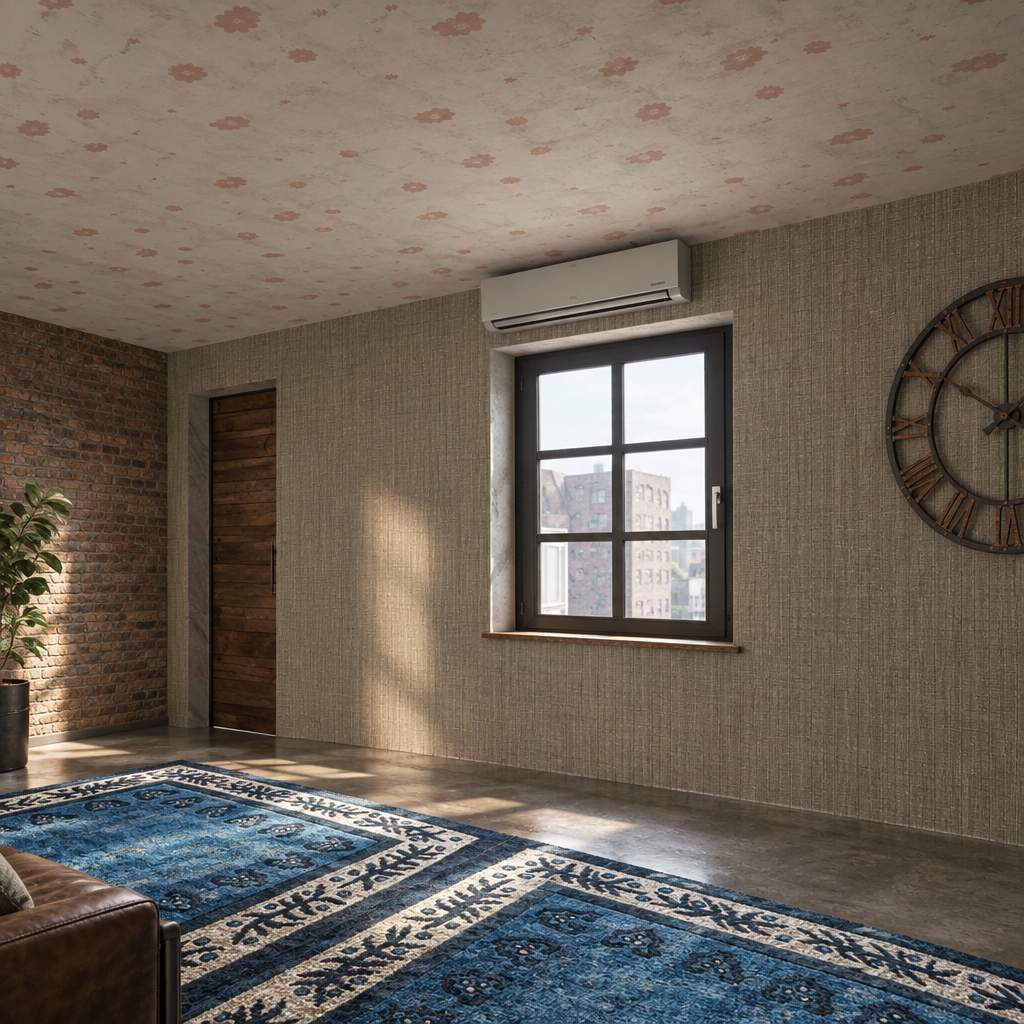 An incredibly lifelike, richly detailed, photorealistic interior shot of a sophisticated industrial loft living room set in an urban warehouse conversion. The scene is illuminated by soft, diffused natural light filtering through the window, creating a warm, contemplative atmosphere that highlights the contrast between raw textures and refined design. Captured with a 35mm lens at a wide aperture, emphasizing the crisp edges of the reclaimed wood textures and the tactile quality of the textile wall coverings.

The space radiates an industrial soul, characterized by weathered, raw materials and architectural authenticity. A large, statement wall clock acts as a bold focal point, anchoring the room’s aesthetic in shades of charcoal black, slate gray, and oxidized rust. The transition from the delicate, cloud-patterned ceiling to the rugged, vertical-striped wall panels creates a striking visual dialogue. Below, the room is grounded by a deep blue, traditional-style rug that adds a vibrant pop of color against the cool, industrial concrete flooring. Minimalist metal accents and the low-profile, clean lines of the climate control unit above the window reinforce the loft’s modern, repurposed functionality. The composition focuses on the interplay between the structural integrity of the dark-framed window and the soft, organic motifs overhead, resulting in a perfectly balanced, magazine-quality living space.