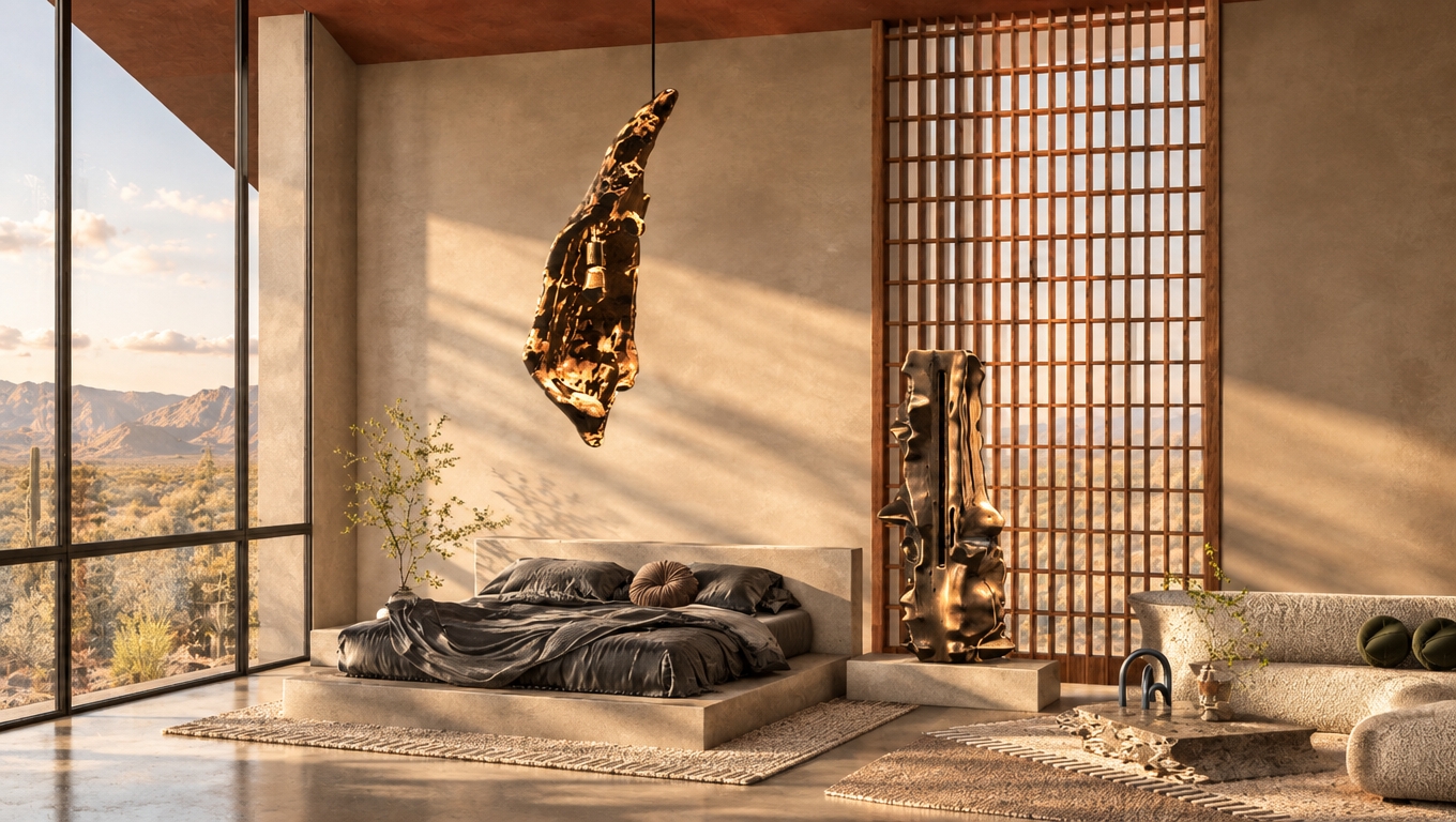 An incredibly lifelike, richly detailed, photorealistic interior shot of a serene master bedroom set in a secluded desert retreat. The scene is illuminated by soft, golden-hour sunbeams filtering through floor-to-ceiling glass, casting long, gentle shadows across the space and creating a tranquil, sun-drenched atmosphere. Captured with a 35mm lens, the rendering emphasizes the exquisite interplay of textures, from the sleek, minimalist platform bed draped in lustrous charcoal linens to the raw, organic beauty of the sculptural molten-gold light fixture suspended above. The walls are finished in a subtle, hand-applied adobe plaster in muted shades of beige and cream, providing a canvas for the warm, southwestern-inspired aesthetic. To the right, an intricate, handcrafted wooden screen serves as a structural partition, framing a bold, avant-garde bronze sculpture that rests on a clean, low-profile plinth. The room is accented with thoughtfully placed sprigs of desert flora, echoing the arid landscape visible beyond the expansive windows, while a plush, textured rug anchors the seating area. Every element, from the pared-down surfaces to the deep, warm terracotta undertones of the ceiling accents, contributes to a balanced, sophisticated composition that exudes refined stillness and architectural elegance.