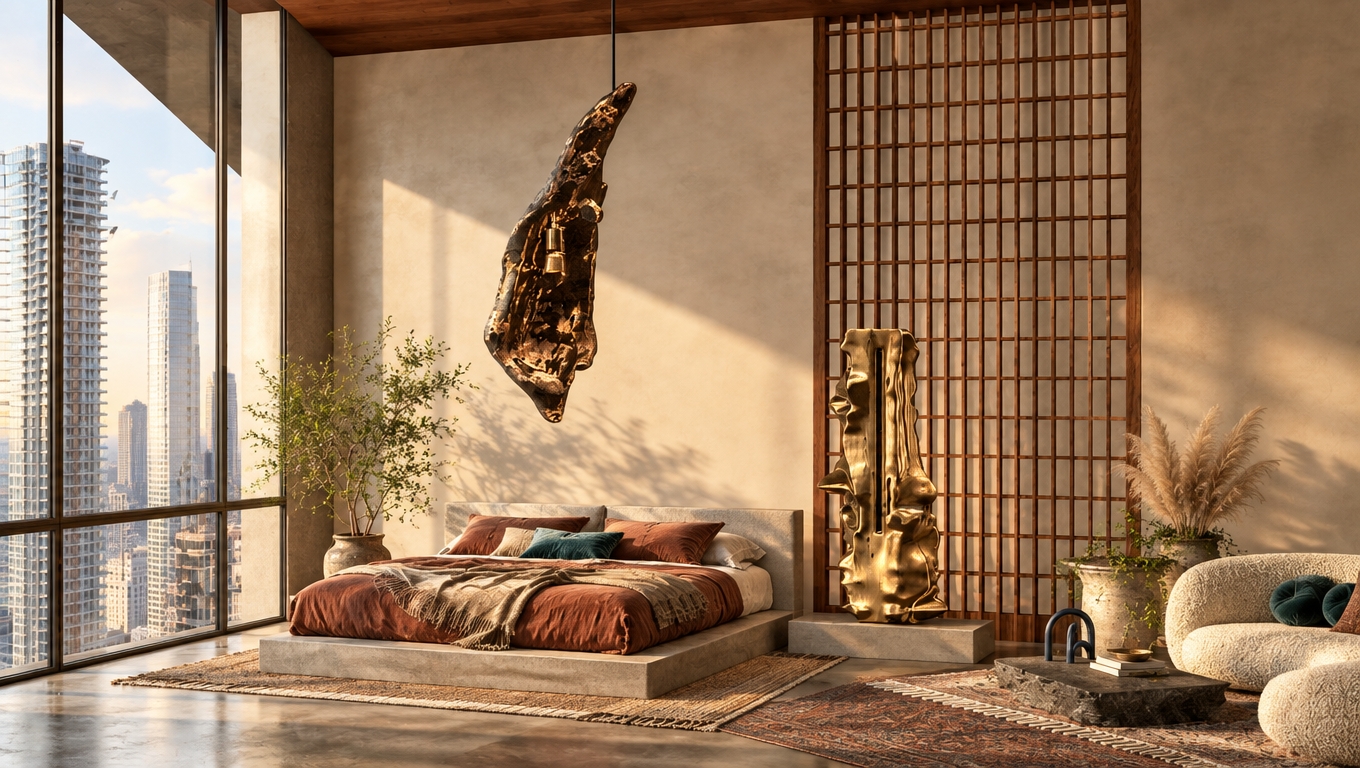 An incredibly lifelike, richly detailed, photorealistic interior shot of a luxury bedroom suite set in an airy, high-rise urban sanctuary. The scene is illuminated by soft, diffused morning sunlight streaming through floor-to-ceiling glass, creating a serene, bohemian oasis atmosphere. Captured with a 35mm lens, emphasizing the tactile interplay between the smooth, low-profile bed platform and the raw, organic energy of the room. The space is a masterclass in eclectic design, featuring a striking, hand-carved sculptural pendant light finished in oxidized bronze suspended above the bed, which is layered with linens in muted shades of warm rust and earthy neutrals. To the right, a floor-to-ceiling wooden lattice screen provides a rhythmic, architectural backdrop for a monolithic gold-leafed totem, while a curved, textured sofa sits atop an intricately layered, vintage-style rug that anchors the seating area. The air is filled with a sense of vibrant, globetrotting sophistication, accented by lush indoor greenery and delicate pampas grass that soften the sharp, modernist lines of the skyscraper views outside. Deep teal velvet throw pillows provide a rich color punch, grounding the airy, high-ceilinged volume with an intimate, collected, and intentionally curated warmth that feels both free-spirited and refined.