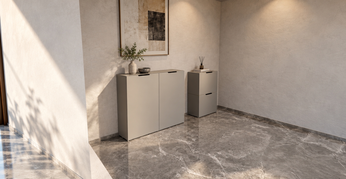 The photo captures an interior view of what appears to be a sophisticated and impeccably minimalist kitchen haven, defined by a serene palette of grays and off-whites. The floor is covered with large-format tiles featuring a natural gray marble pattern, rich with subtle white and darker gray veining that sprawls across the surface, offering an organic contrast to the room's stark geometry. The walls are finished in a light, off-white textured material, possibly a finely textured plaster or light concrete, exhibiting a slightly mottled appearance and a faint horizontal striation pattern, particularly noticeable on the right wall. In the corner, two sleek, handleless cabinet units embody modern design principles. To the left, a taller, double-door cabinet stands flush against the wall in a smooth, matte light gray finish. Adjacent to it on the right is a shorter, stacked two-drawer or two-door unit, also in the same muted gray, with discrete black recessed pulls integrated seamlessly into the top edge of each door/drawer panel. A faint yellow line subtly outlines a portion of the smaller cabinet's base, adding a unique, almost conceptual highlight to its form. The ceiling, only partially visible at the top edge of the frame, hints at a darker, possibly raw concrete finish, lending a touch of industrial sensibility. The space is bathed in soft, diffused light, creating an even illumination that accentuates the clean lines and refined textures, contributing to an overall atmosphere of quiet elegance and functional simplicity.