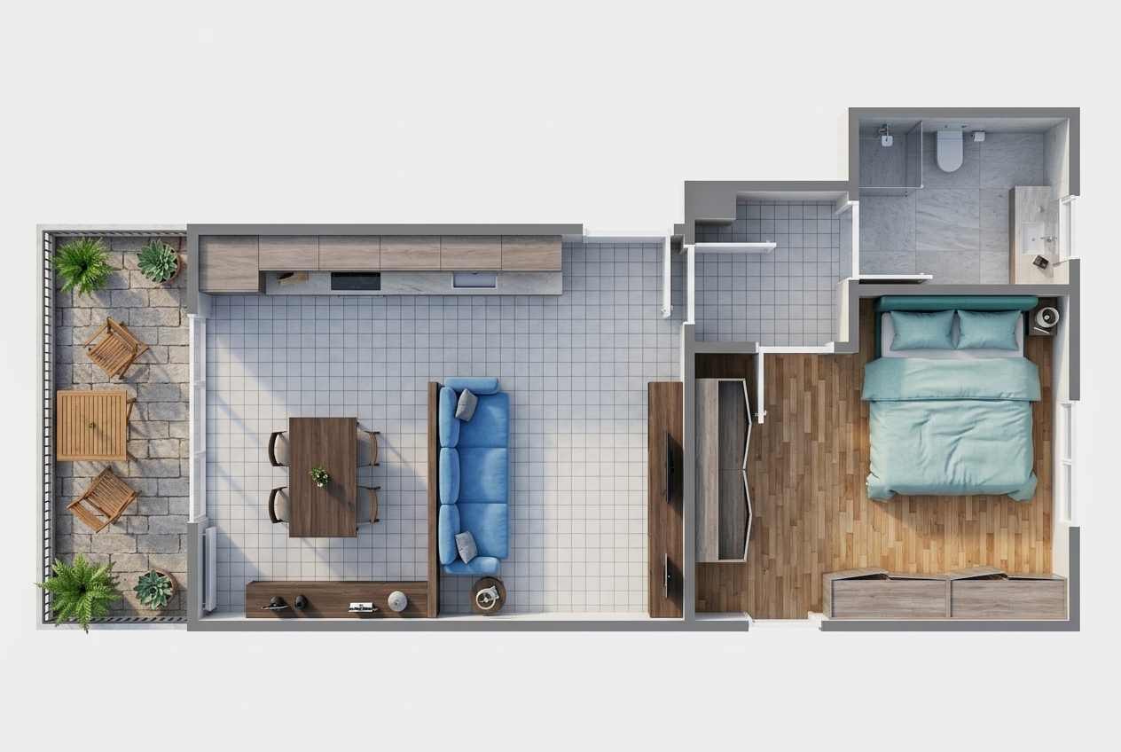 Render the 2D floor plan as a photorealistic top-down 3D architectural plan with realistic depth, lighting, and soft shadows. Keep all wall dimensions, door positions, and openings identical to the plan. Replace the living area flooring with smaller, light-gray square tiles. Style the bedroom floor with small, running-pattern wood strip parquet in warm natural tones. Convert all 2D symbols into realistic 3D furniture: realistic kitchen cabinetry and countertop, dining table with chairs, modern blue fabric sofa, TV console, double bed with soft linens and pillows, wardrobes, and balcony patio furniture. Maintain accurate layout proportions with clean modern interior textures.