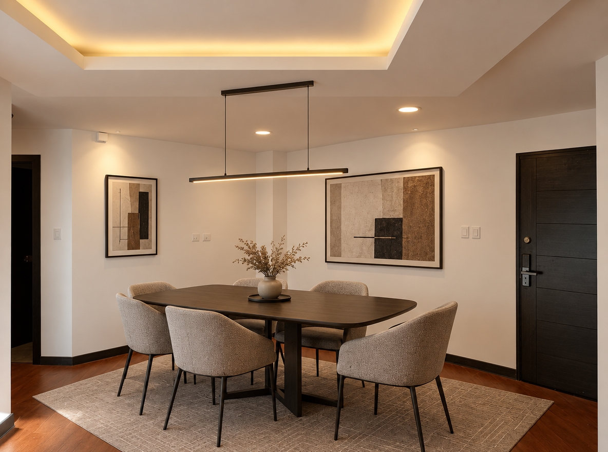 An incredibly lifelike, richly detailed, photorealistic wide-angle interior shot of a sophisticated modern fusion dining room set in an upscale contemporary apartment. The scene is illuminated by the soft architectural glow of the recessed ceiling cove, warm downlights, and a slim, low-profile linear pendant fixture suspended above the table, creating an intimate, refined, and inviting atmosphere. Captured with a 24mm architectural lens, emphasizing tactile textile weaves, crisp wall finishes, and polished surfaces, the space features a sleek six-person dining table with a dark smoked-oak top and sculptural metal base centered gracefully within the layout. Surrounding the table are six tailored dining chairs upholstered in textured warm-gray bouclé with slender blackened steel legs, all resting upon a large, neutral low-pile wool rug with subtle geometric relief. Atop the table sits a minimalist matte-ceramic vessel cradling delicate dried botanicals. To balance the composition without cluttering, the expansive white wall displays a single, oversized framed contemporary abstract artwork rendered in subdued earthy and monochrome textures, achieving a perfectly balanced, architecturally curated aesthetic.