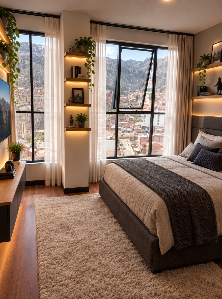 An incredibly lifelike, richly detailed, photorealistic wide-angle interior shot of a modern fusion son's bedroom set in an elevated contemporary apartment overlooking sweeping mountainous city views. The scene is illuminated by soft afternoon daylight filtering through expansive windows paired with warm, subtle recessed LED strip lighting beneath shelves and headboards, creating a sophisticated yet cozy atmosphere. Captured with a full-frame 24mm f/2.8 lens, emphasizing the rich contrast between the plush high-pile rug, warm wood-laminate flooring, and matte-black structural frames.

To the right, a comfortable double bed featuring a low-profile charcoal upholstered frame and layered textured bedding rests against the wall, neatly anchored by an ultra-soft, light-cream wool area rug that infuses the space with tactile warmth. The structural pillar and adjoining wall seamlessly integrate floating natural oak and black-metal display shelves accented with ambient backlight strips, curated decor, and vibrant potted trailing plants. Facing the bed, a sleek minimalist media console supports a sleek wall-mounted television, keeping floor space fluid and uncluttered. Crisp, ceiling-mounted double-track sheer curtains frame the panoramic windows, softening the bold black mullions while preserving the dramatic Andean urban landscape outside.