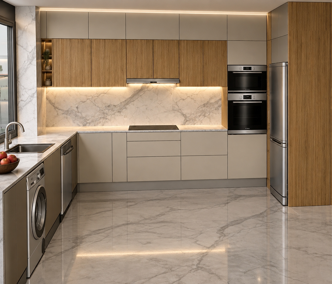 An incredibly lifelike, richly detailed, photorealistic interior shot of a bespoke contemporary kitchen set in an upscale modern residence. The scene is illuminated by crisp, hidden LED strips mounted beneath the upper cabinetry, casting a soft, warm glow across the workspace and creating a sophisticated, high-end atmosphere. Captured with a 35mm wide-angle lens, emphasizing the clean lines of the matte beige lower cabinetry and the rich, vertical grain of the natural oak-finish upper cupboards and pantry tower. 

The composition highlights a luxurious juxtaposition of textures: the dramatic grey-veined Calacatta marble backsplash and flooring contrast beautifully with the sleek, professional-grade stainless steel integrated appliances and the minimalist, dark-grey undermount sink. A subtle depth of field brings the intricate marbling of the surfaces into sharp focus, while the ambient light from the under-cabinet lighting creates soft, inviting shadows that accentuate the flush, handleless design of the kitchen units. The overall aesthetic is one of refined, contemporary elegance, where premium materials meet seamless, functional geometry.
