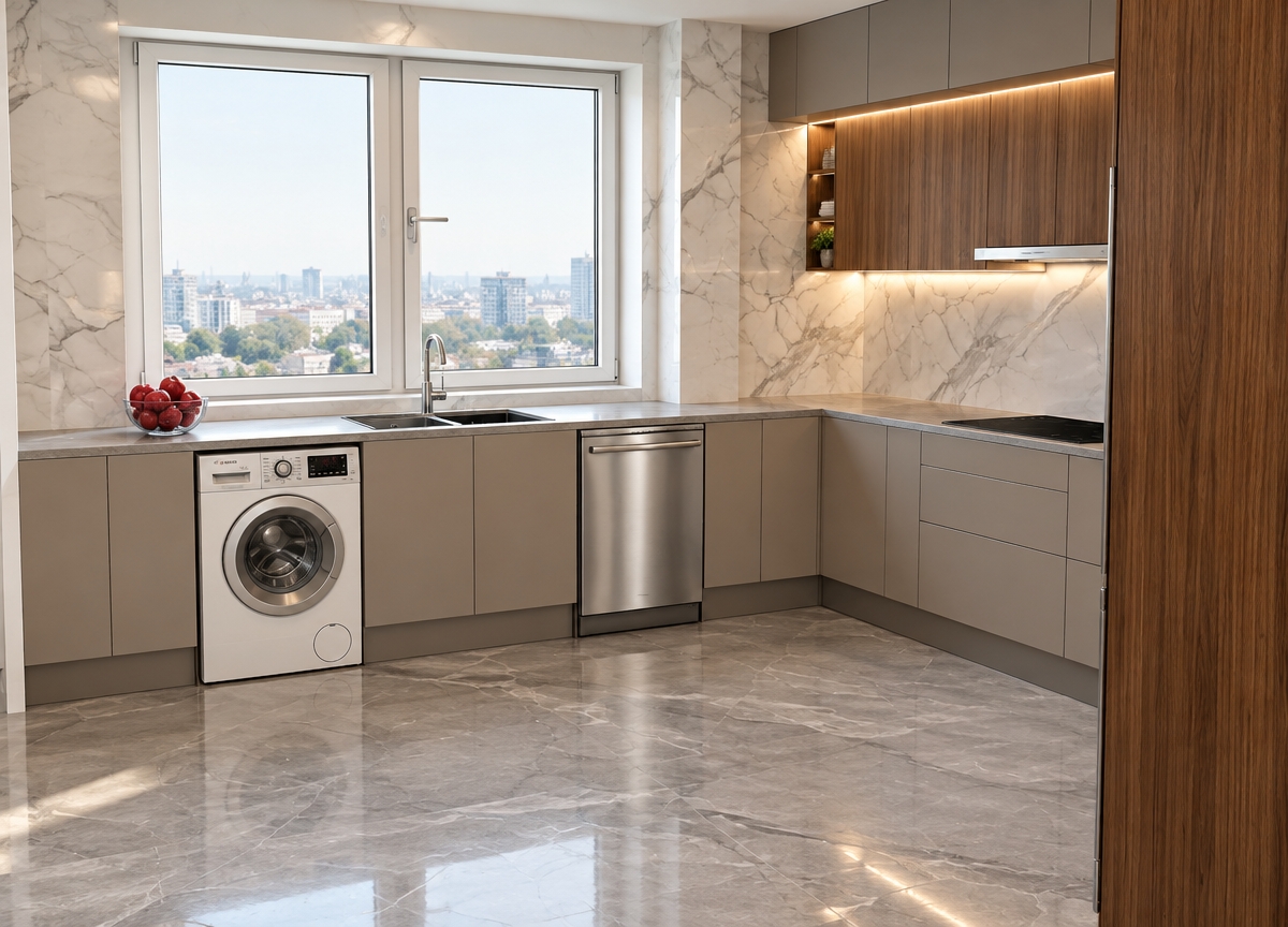 An incredibly lifelike, richly detailed, photorealistic interior shot of a modern, high-end kitchen set in an urban luxury apartment. The scene is illuminated by crisp, soft natural light streaming through the window and the warm, ethereal glow of LED under-cabinet lighting, creating a sophisticated and contemporary atmosphere. Captured with a 24mm wide-angle lens, emphasizing the seamless integration of premium materials like the polished grey marble flooring and the striking white marble backsplash. The cabinetry features a refined mix of muted taupe base units and rich, vertically grained walnut upper cabinets, perfectly complemented by sleek, stainless-steel appliances. A minimalist, chrome-finished faucet stands out against the undermount sink, while a bowl of vibrant, glossy red apples adds a subtle pop of color to the countertop. The composition is balanced and clean, showcasing a high-performance workspace that blends functional utility—such as the built-in washing machine and dishwasher—with a sense of quiet, contemporary elegance.