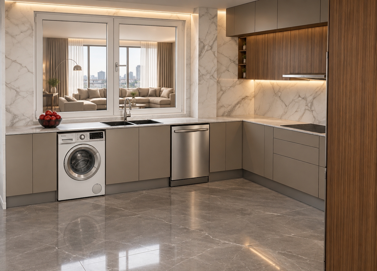 An incredibly lifelike, richly detailed, photorealistic interior shot of a sophisticated contemporary kitchen set in an open-concept urban apartment. The scene is illuminated by the soft, natural glow of daylight filtering through the large window, balanced by the subtle, warm radiance of integrated LED strips tucked discreetly beneath the upper cabinetry, creating a refined and welcoming atmosphere. Captured with a 24mm wide-angle lens, the image emphasizes the high-contrast textures of honed Calacatta marble wall cladding, sleek matte taupe lower cabinets, and the rich, vertical grain of warm walnut upper units. 

The perspective highlights the functional elegance of the stainless steel appliances—the seamless dishwasher and front-loading washer—which integrate perfectly into the streamlined base run. The floor, a large-format grey marble tile with delicate white veining, reflects the diffuse light, adding a sense of depth and luxury. Through the window, a glimpse of a plush, modern living area hints at the spatial continuity of the home. The composition feels curated and serene, with the bowl of vibrant red apples providing a sharp, organic color pop against the cool, sophisticated neutral palette of the stone and metal finishes.