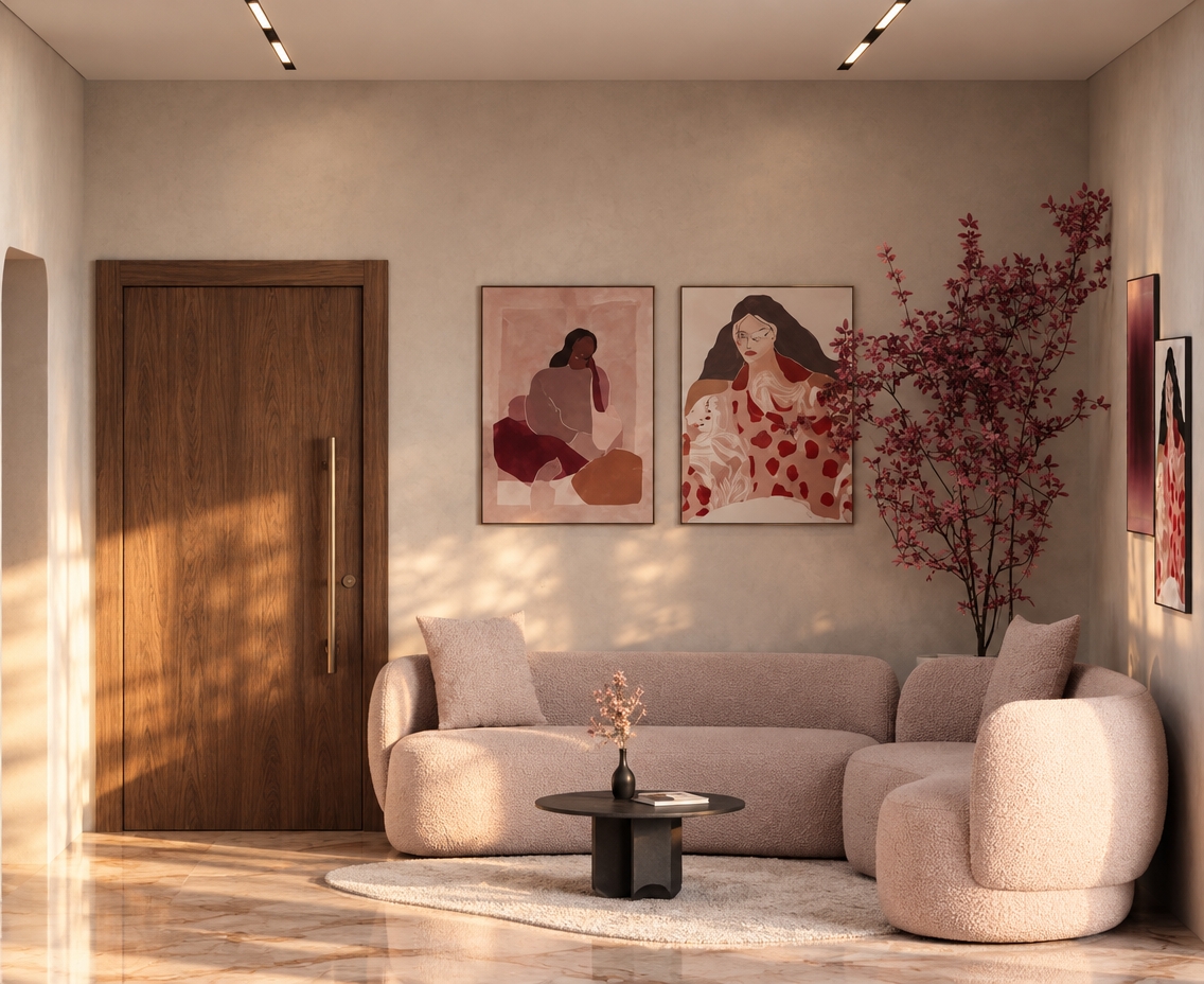 An incredibly lifelike, richly detailed, photorealistic interior shot of a minimalist bedroom sanctuary set in an urban luxury apartment. The scene is illuminated by the soft, golden glow of late afternoon sun raking across the floor, creating a serene and zen-inspired atmosphere. Captured with a 35mm lens, emphasizing the fine texture of the boucle fabric on the blush-toned sofa and the rich, organic grain of the solid walnut door.

The space is a masterclass in uncluttered elegance, defined by a palette of soft whites, gentle grays, and muted pastels. A sleek, matte black pedestal coffee table anchors the living area, topped with a single, delicate botanical accent and a closed photography book. The walls are adorned with sophisticated abstract art that complements the room’s color story, while a sculptural indoor tree in the corner adds a vibrant, organic touch to the minimalist silhouette. The composition is balanced and functional, with light reflecting off the polished stone flooring, grounding the airy, streamlined furniture in a space that feels both deliberate and deeply tranquil.