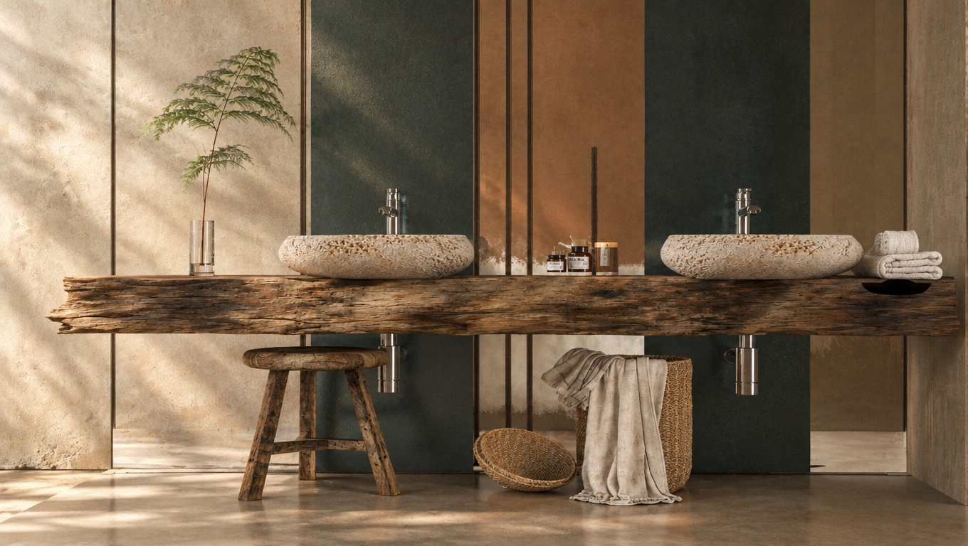 An incredibly lifelike, richly detailed, photorealistic medium shot of a serene, bohemian-inspired bathroom vanity set in a tranquil, nature-infused oasis. The scene is illuminated by soft, diffused morning light filtering through an unseen aperture, creating a warm, grounded, and tranquil atmosphere that emphasizes the organic textures of the space. Captured with a 35mm lens, the focus is sharp on the weathered, live-edge wood slab vanity, which grounds the design with its deep, raw grain, perfectly contrasting against the two rustic, hand-carved stone vessel sinks that feel as though they were unearthed from a desert canyon. Below the vanity, a vintage-inspired wooden stool and a woven rattan basket draped with a soft, cream-colored linen cloth evoke a free-spirited, handcrafted aesthetic, while a delicate fern sprig in a minimalist glass vase adds a touch of vibrant, living greenery. The background wall is a sophisticated composition of vertical panels in earthy neutrals, warm rust, and deep, moody teal, providing a layered, global-inspired backdrop that draws the eye toward the interplay of shadow and light. Every detail, from the polished chrome faucets that pierce the natural wood to the subtle, stacked white towels and artisan apothecary jars, suggests a curated, nomadic elegance that balances raw, primitive textures with modern, clean lines, creating an intimate sanctuary that feels both timeless and thoughtfully collected.
