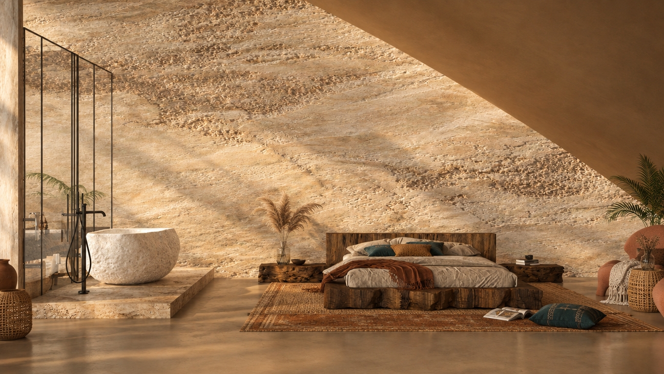 An incredibly lifelike, richly detailed, photorealistic wide-angle interior photo of a bohemian-inspired sanctuary set in a sun-drenched, high-ceilinged loft space. The scene is illuminated by soft, diffused golden-hour light filtering through unseen windows, creating a warm, serene, and deeply meditative atmosphere. Captured with a 35mm lens, the focus emphasizes the tactile contrast between the rugged, hand-carved live-edge wood bed frame and the ethereal, artisanal stone soaking tub resting on a raised travertine plinth. The space is anchored by a vast, textured feature wall that mimics the organic, weathered patterns of desert sandstone, complemented by a layered composition of plush, earthy-toned rugs in shades of warm rust and deep mustard. A vintage-collected aesthetic permeates the room, featuring delicate glass vases holding wispy pampas grass, intricately woven rattan accents, and soft macrame textiles draped artfully across the surfaces. Subtle touches like an open photography book resting on the floor and strategically placed deep teal cushions add pops of color to the neutral palette, while the clean lines of a black metal-framed glass partition provide a sophisticated, modern edge to the otherwise free-spirited, plant-filled environment, creating a sense of perfectly balanced, globally-inspired tranquility.