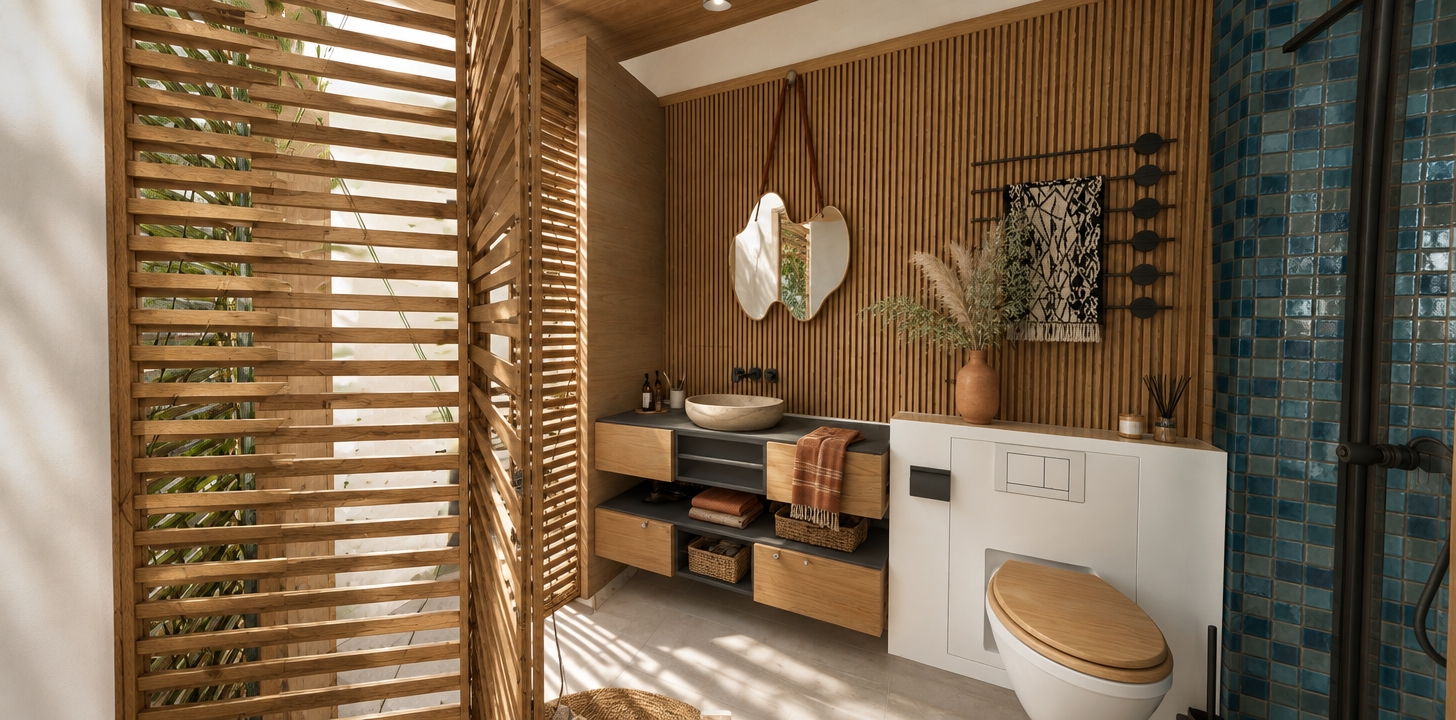 An incredibly lifelike, richly detailed, photorealistic interior shot of a bohemian-inspired sanctuary bathroom set in a sun-drenched summer home. The scene is illuminated by soft, diffused midday light filtering through a wooden louvered screen, creating a warm, tranquil, and free-spirited atmosphere. Captured with a 35mm lens, emphasizing the intricate textures of the vertical oak-slatted wall paneling and the smooth, hand-formed ceramic vessel sink.

The space breathes with a globally-inspired aesthetic, blending earthy neutrals with vibrant pops of deep teal and warm rust tones. A uniquely shaped, fluid mirror hangs by a leather strap against the slatted backdrop, reflecting the room's serene geometry. The vanity, a sleek composition of blonde wood and matte charcoal, provides a grounding element against the soft, light-grey stone flooring. To the side, the commode area is integrated seamlessly into a clean, white-faced unit, while a lush display of pampas grass and delicate foliage brings an organic, handcrafted vitality to the room. The juxtaposition of the structured slatted wood partitions and the softness of the curated vintage-collected decor creates a layered, intimate, and sophisticated retreat that feels both grounded and deeply atmospheric.