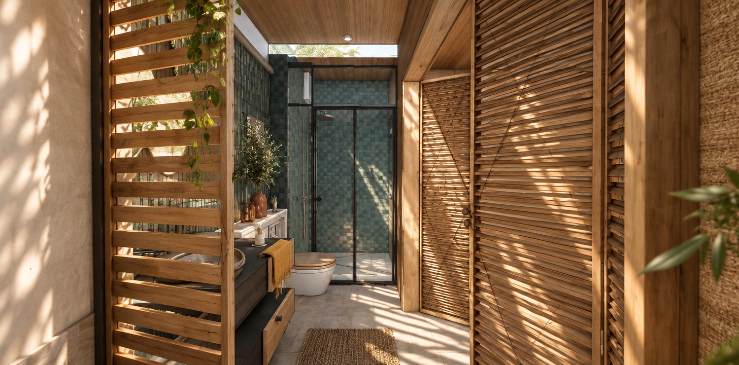 An incredibly lifelike, richly detailed, photorealistic interior perspective of a bohemian-inspired sanctuary bathroom set in a sun-drenched midsummer afternoon. The scene is illuminated by warm, diffused natural light filtering through slatted wooden screens, creating a serene and patterned atmosphere. Captured with a 24mm wide-angle lens, emphasizing the intricate textures of hand-woven rattan, matte deep teal tiling, and soft earthy neutrals.

The space radiates a free-spirited, eclectic energy, where layers of organic textures meet modern functionality. Sunlight catches the dust motes dancing near the shower glass, casting long, rhythmic shadows across the pale stone flooring. A deep teal mosaic backdrop creates a stunning, moody contrast against the warmth of the natural wood ceilings and slatted partitions, evoking a global-traveler aesthetic. Subtle accents of mustard and rust-toned accessories are tucked neatly upon the vanity, while hints of lush, trailing greenery peek into the frame, softening the clean architectural lines and grounding the room in a vibrant, plant-filled oasis.