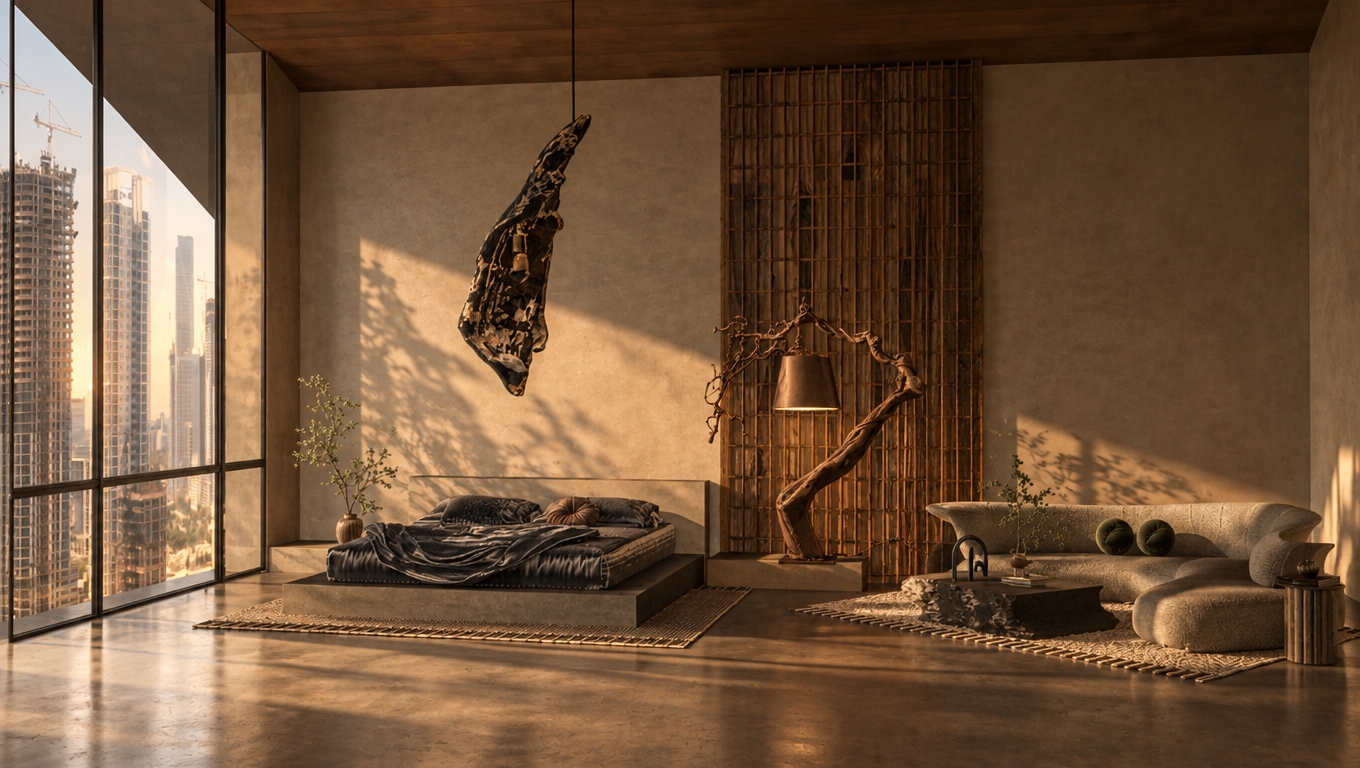 An incredibly lifelike, richly detailed, photorealistic interior shot of a sophisticated, high-altitude desert retreat bedroom set in a sprawling, arid landscape. The scene is illuminated by the soft, diffused glow of a late afternoon sun casting elongated shadows across the room, creating a serene, tranquil, and warm atmosphere. Captured with a wide-angle 35mm lens, emphasizing the tactile textures of smooth adobe walls, deep charcoal linens, and the rugged, raw grain of the intricate wooden screen partition. The composition balances the minimalist platform bed with a sculptural, branch-like floor lamp and a fluid, curved sofa that sits atop a hand-woven textile rug. Through the floor-to-ceiling glass, the sharp, angular geometry of distant high-rise construction is softened by the interior’s earthy, Southwestern-inspired palette of terracotta, beige, and warm neutrals. Potted succulents and delicate desert flora add a touch of organic life to the pared-down surfaces, while a striking, suspended abstract art piece creates a focal point that bridges the gap between the room's avant-garde architecture and the ancient, sun-drenched spirit of the desert beyond.