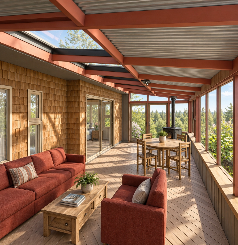 A photorealistic architectural photograph of the sunlit covered porch on a bright spring morning, preserving the exact geometry, composition, and viewpoint. Crisp morning daylight streams through the ceiling skylight and panoramic windows, casting soft, natural shadows across the angled wood deck flooring. The exposed terracotta-red ceiling beams, corrugated metal panels, and textured shingle wall feature authentic tactile materials and matte finishes. The reddish upholstered sofas display realistic fabric weave and gentle creasing, complemented by the natural grain on the wooden coffee table and dining set. Clear reflections shimmer on the clean glass doors and windows, revealing vibrant outdoor spring foliage under a balanced, wide-angle exposure with natural photographic depth.