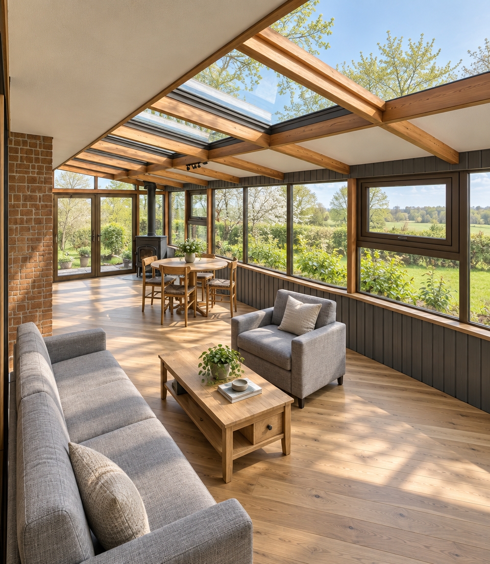 A crisp architectural photograph of this sunroom on a bright spring morning, filled with soft, warm daylight streaming through the skylights and expansive perimeter windows. The modern sofa and armchair display fine, woven grey fabric textures, grounded by authentic light wood grain on the central coffee table and dining set. Diagonal wood plank flooring catches subtle, realistic light spills and soft shadows, complemented by the tactile brick pillar and matte cast-iron stove in the corner. Outside, lush spring greenery thrives in natural outdoor light, casting faint reflections on the clear window glass, captured with a sharp wide-angle lens, balanced exposure, and rich tonal realism.