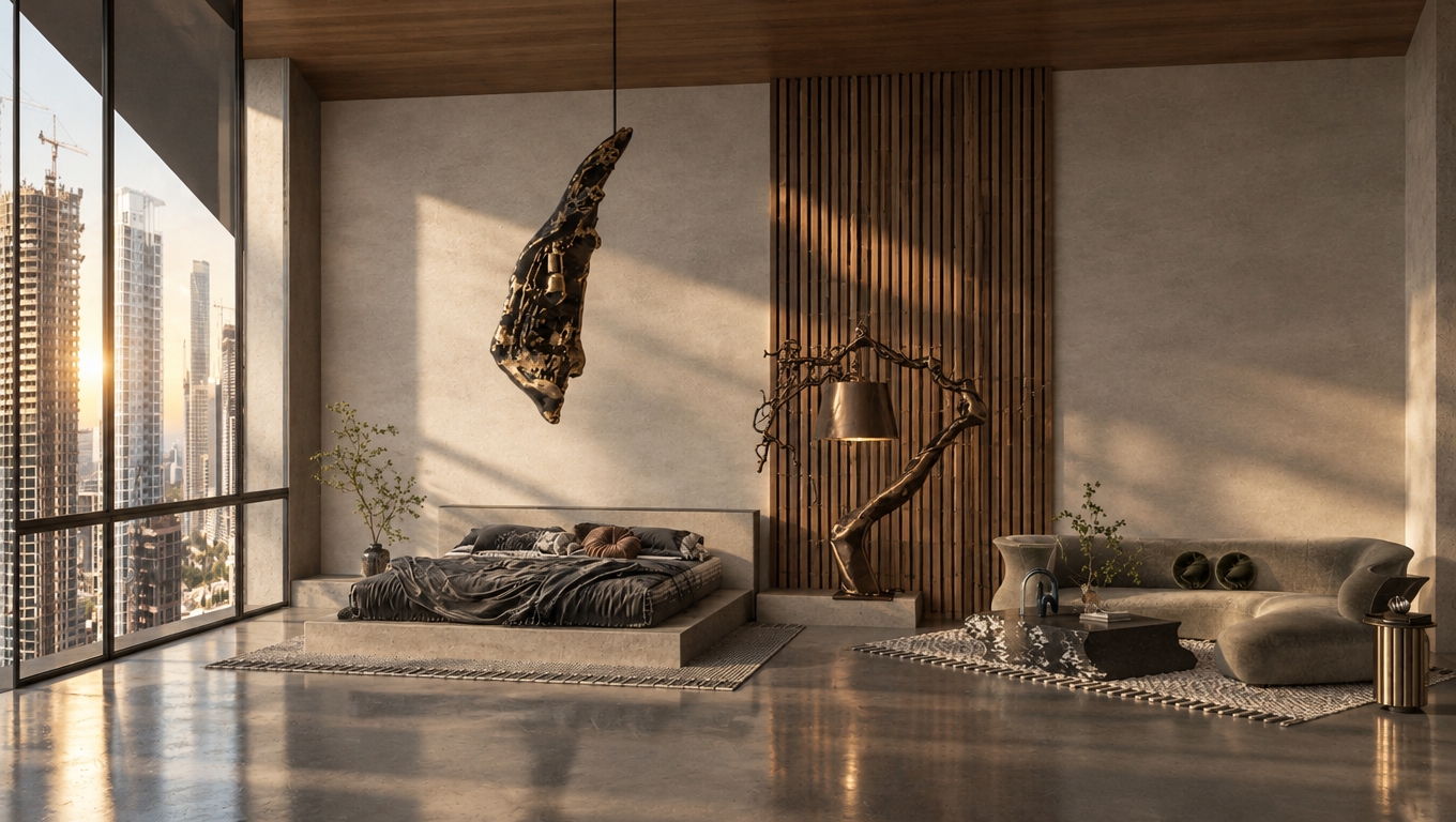 An incredibly lifelike, richly detailed, photorealistic interior shot of a contemporary primary bedroom set in a high-rise urban skyline. The scene is illuminated by the soft, diffuse glow of a late afternoon sun filtering through floor-to-ceiling windows, creating a tranquil, sophisticated atmosphere. Captured with a 35mm lens, the image emphasizes the refined textures of polished stone surfaces, tailored charcoal bedding, and the striking contrast between the organic, sculptural metal lamp and the clean-lined, architectural backdrop. The room is a masterclass in contemporary elegance, featuring a serene palette of pearl, champagne, and soft gray tones that anchor the space, while a captivating piece of abstract wall art hangs suspended as a focal point. To the right, a curvilinear, velvet-upholstered sofa sits atop a hand-woven rug, complementing the slim metal accents that define the space. The composition is perfectly balanced, bridging the gap between the raw, structural energy of the city visible through the glass and the quiet, curated luxury of the interior, where every element—from the delicate greenery in artisanal vases to the rhythm of the wooden slat wall—contributes to an air of understated, high-end design.