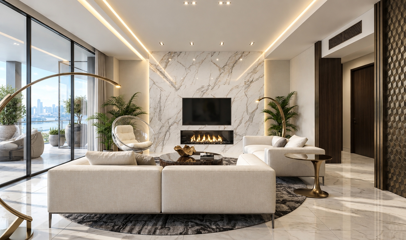 An incredibly lifelike, richly detailed, photorealistic interior shot of a sophisticated contemporary living room set in an airy, high-rise luxury apartment during a bright summer midday. The scene is illuminated by soft, natural light streaming through floor-to-ceiling glass walls, complemented by warm recessed cove lighting, creating a serene and refined atmosphere. Captured with a professional architectural lens, the image emphasizes the interplay of textures: the cool, polished marble flooring, the expansive book-matched Calacatta marble fireplace feature wall, and the rich warmth of the tailored cream-colored upholstery. The composition is perfectly balanced, featuring a striking transparent bubble chair that adds a sculptural lightness against the grounding presence of the circular dark-toned rug and the sleek, metallic curves of the arched floor lamps. Shades of pearl, champagne, and muted gray harmonize to evoke a sense of understated elegance, while curated greenery on the balcony blurs the line between the polished, clean-lined interior and the urban horizon beyond.