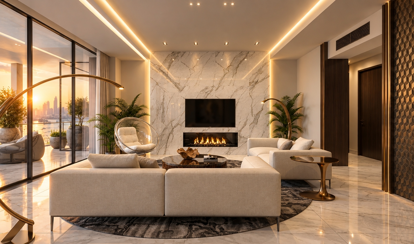 An incredibly lifelike, richly detailed, photorealistic interior shot of a sophisticated living room set in a high-rise luxury apartment overlooking a coastal cityscape at sunset. The scene is illuminated by the soft, golden glow of the sinking sun filtering through floor-to-ceiling glass, creating a serene, warm, and airy atmosphere. Captured with a professional architectural wide-angle lens, emphasizing the crisp contrast between the reflective polished marble floors and the matte, tailored textures of the cream-toned modular sofa.

The composition centers on a floor-to-ceiling book-matched Calacatta marble fireplace feature, where the soft flicker of an integrated linear hearth casts gentle highlights across the room. A transparent, sculptural bubble chair and curvaceous side tables introduce a sense of airy elegance, perfectly complemented by the rhythmic geometry of a dark, textured accent wall. Every element—from the organic wooden center-piece bowl to the lush, vibrant potted palms—is curated to project refined, contemporary luxury. The interplay of hidden cove lighting and slim metallic lamp stands adds depth to the space, highlighting the sophisticated palette of pearl, champagne, and soft gray that defines this tranquil, light-filled retreat.