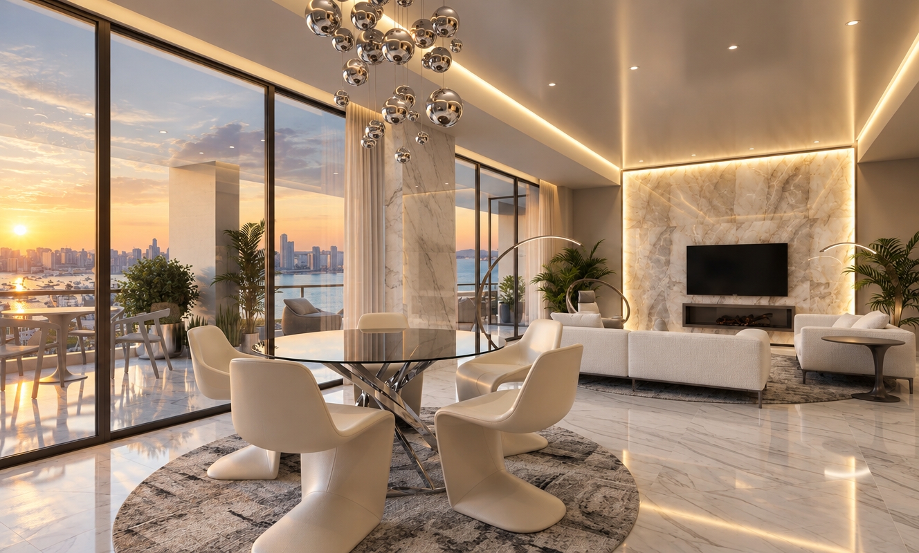 An incredibly lifelike, richly detailed, photorealistic interior shot of a sophisticated open-concept living and dining space set in a luxury coastal high-rise during a golden spring sunset. The scene is illuminated by the soft, honeyed hues of the fading sun filtering through floor-to-ceiling glass, creating a serene and ethereal atmosphere. Captured with a professional architectural lens, emphasizing the gleaming luster of polished white-veined marble floors and the subtle luminescence of an onyx feature wall glowing with integrated perimeter lighting.

The composition centers on a sculptural, chrome-based glass dining table surrounded by fluid, cream-toned upholstered chairs, resting on a textured, smoke-gray circular rug that grounds the airy space. In the lounge area, low-profile, tailored white sofas offer refined comfort, complemented by delicate arched floor lamps that echo the room’s contemporary silhouette. Above, a cluster of mirrored, orb-like pendant lights reflects the panoramic harbor view, blurring the line between the opulent interior and the shimmering city skyline. The palette of warm whites, pearl, and champagne creates a balanced, clean-lined environment, where every slim metal accent and curated greenery element contributes to an aesthetic of understated, high-end elegance.