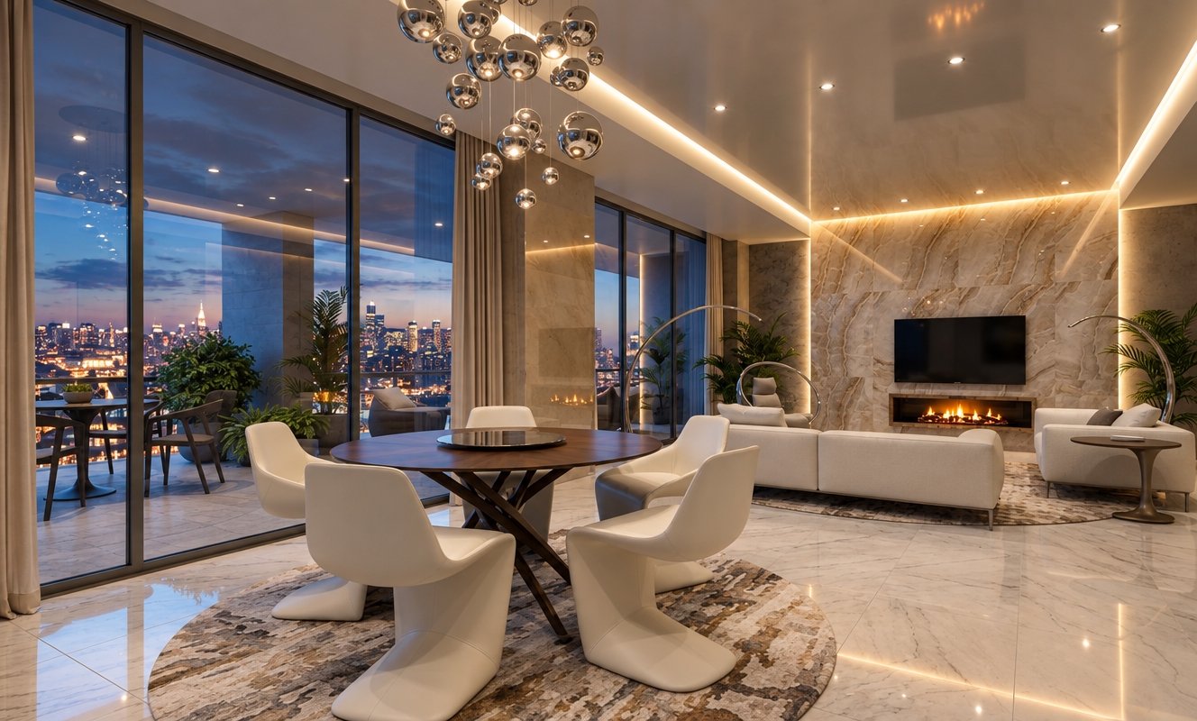 An incredibly lifelike, richly detailed, photorealistic interior shot of a sophisticated open-plan living and dining area set in an exclusive high-rise apartment overlooking a sprawling city skyline at dusk. The scene is illuminated by a combination of the warm, amber glow from the linear fireplace and the soft, diffused ambient light cascading from the ceiling coves, creating a refined and tranquil atmosphere. Captured with a professional wide-angle lens, the image emphasizes the interplay between the cool twilight blues outside and the inviting warmth of the interior.

The composition centers on a sculptural, dark wood dining table paired with avant-garde white cantilevered chairs, resting atop a mesmerizing, earth-toned abstract rug. Beyond, the living space exudes contemporary elegance, defined by a floor-to-ceiling book-matched marble feature wall and plush, tailored white upholstery. Polished stone floors reflect the constellation of floating chrome orbs hanging above, while slim metal floor lamps add a sense of delicate precision. Through the expansive floor-to-ceiling glazing, the city glows in the soft autumn twilight, creating a seamless connection between the curated, light-filled interior and the vast, shimmering urban horizon.