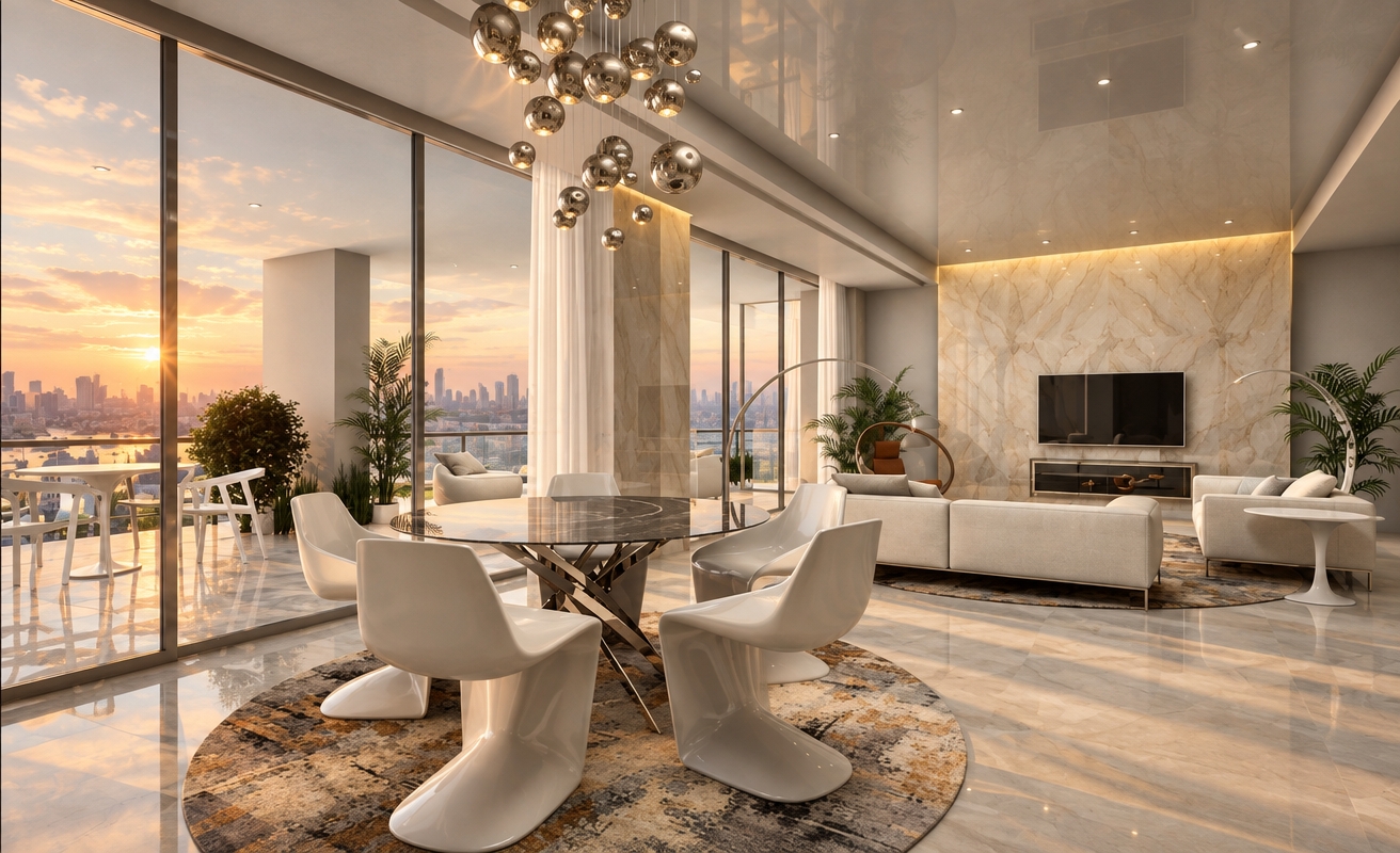 An incredibly lifelike, richly detailed, photorealistic interior photograph of an expansive, light-filled living space set in an elevated urban high-rise during a serene autumn sunset. The scene is illuminated by the soft, golden-hued glow of the late afternoon sun, which dances off the polished, high-gloss ceiling and expansive floor-to-ceiling glass, creating a sophisticated, airy atmosphere. Captured with a professional wide-angle lens, the composition emphasizes the seamless transition between the refined, pearl-toned interior and the distant, hazy cityscape.

The room exudes contemporary elegance, defined by a palette of warm whites, champagne, and soft grays that harmonize with the polished stone flooring. Central to the space is a sculptural dining ensemble sitting atop a textured, abstract area rug that echoes the autumnal warmth of the horizon. Tailored, low-profile white sofas are arranged to face a striking, veined stone accent wall housing a sleek integrated television, while slim metal accents and a cascading orb-like light fixture add a touch of refined glamour. Every surface—from the glossy overhead plane to the cool, reflective stone floors—is meticulously finished, lending the space a sense of curated, understated luxury that feels both vast and intimate.