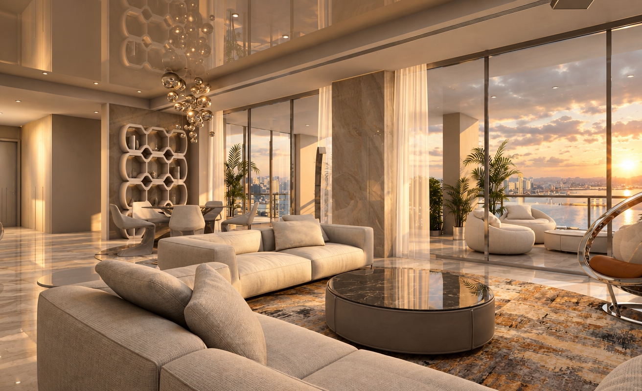 An incredibly lifelike, richly detailed, photorealistic interior shot of a luxury penthouse living room set in an upscale urban high-rise during a golden autumn sunset. The scene is illuminated by the soft, honeyed glow of the setting sun filtering through floor-to-ceiling glass walls, creating a sophisticated and airy atmosphere. Captured with a wide-angle 24mm lens, the composition emphasizes the clean-lined geometry of the space and the exquisite interplay between polished stone surfaces and plush, tailored upholstery.

The room is rendered in a refined palette of warm whites, pearls, champagnes, and soft grays, evoking a sense of understated contemporary elegance. A massive, circular dark stone coffee table anchors the central seating area, resting atop a bespoke, abstract-patterned area rug that introduces subtle autumnal earth tones. In the background, a sculptural, geometric shelving unit serves as a focal point, complemented by an artistic, multi-spherical pendant light that casts soft, dancing reflections across the high-gloss ceiling. Through the expansive glass panels, a private terrace features chic lounge seating, perfectly positioned to capture the panoramic view of the distant harbor under a dramatic, cloud-dappled sky. The atmosphere is one of serene luxury, with slim metal accents glinting under the warm, fading light, lending the space a polished, gallery-like quality fit for a prestige photography book.