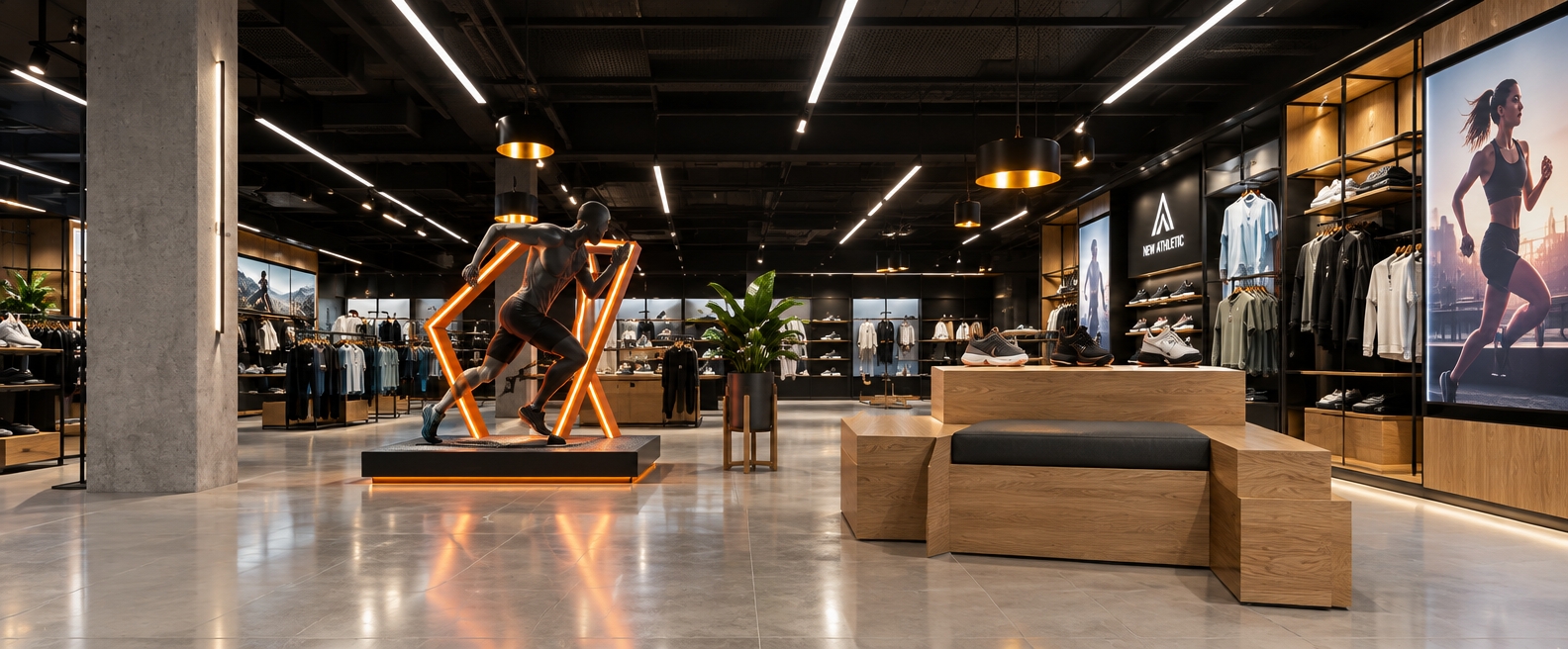 An incredibly lifelike, richly detailed, photorealistic wide-angle interior shot of a premier New Athletic sports apparel and footwear flagship store. The scene is illuminated by an ambitious, high-contrast lighting scheme featuring a brilliant array of recessed LED linear strips that cut through the deep black ceiling, complemented by warm, inviting pendant clusters that cast a soft glow over the merchandise. This creates a high-energy, modern fusion atmosphere that balances industrial chic with premium retail comfort.

Captured with a 24mm wide-angle lens to emphasize the expansive, airy floor plan, the perspective draws the eye naturally toward the striking centerpiece: a dynamic, sculptural display featuring a runner silhouette framed by vibrant, glowing neon-orange geometric struts. The flooring consists of large-format, polished light-grey porcelain tiles that act as a subtle mirror for the overhead lights, enhancing the store’s perceived depth and cleanliness.

To the right, the walls are a sophisticated architectural mix of matte-black metal grid shelving and warm, natural light-oak wood accents, providing a perfect backdrop for the illuminated signage and high-resolution backlit fashion campaign posters. The clothing displays are meticulously curated, with the wood-grain finishes adding a touch of organic warmth to the cool, urban aesthetic of the store. Near the center, a lush green potted plant stands on a slender minimalist wooden stand, offering a pop of natural color that breathes life into the space.

The lighting is expertly layered; sharp, crisp spotlights graze the products on the wall displays, highlighting the texture of the performance fabrics and footwear. The overall composition is balanced and symmetrical, emphasizing the clean lines of the store’s layout. Reflections are crisp and purposeful, creating a polished, high-end retail environment that feels both cutting-edge and welcoming, perfect for a modern athletic brand.