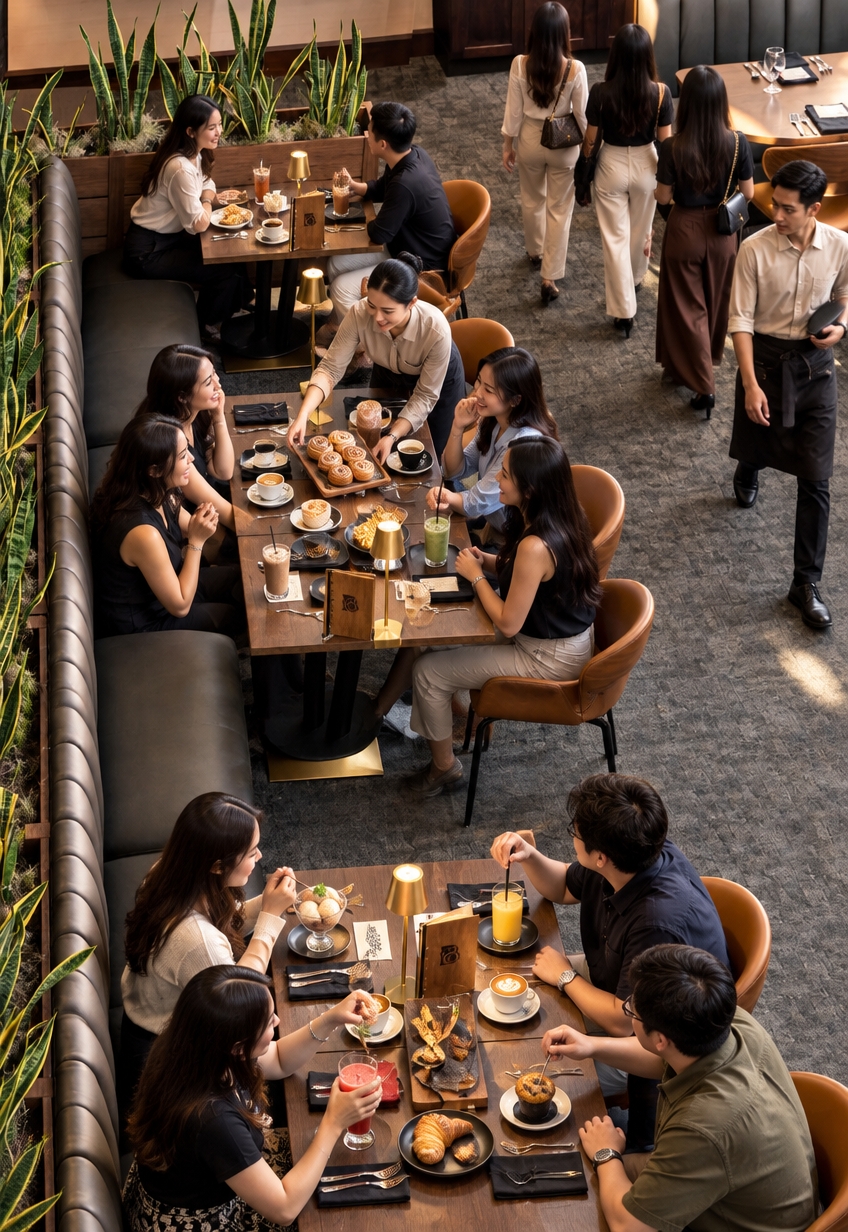 An incredibly lifelike, richly detailed, photorealistic high-angle interior shot of a bustling coffee shop and bistro set on the ground floor of an apartkost in Sidosermo, South Surabaya. The scene is illuminated by the soft golden glow of sleek wireless brass table lamps and gentle ambient daylight skimming across the textured charcoal-grey carpet, creating a warm, vibrant, and luxurious atmosphere. Captured with a high-mounted wide-angle lens with crisp architectural focus, emphasizing the supple tufted leather of the continuous booth, polished timber tables, and freshly plated treats. 

Every seat along the expansive banquette planter line is alive with cheerful patrons enjoying a modern fusion dining experience. At the foreground table, two women and two men mingle over colorful glasses of chilled iced watermelon and fresh orange juice, artfully scooped ice cream, warm muffins, flaky pastries, and crisp biscotti. In the center booth, four women burst into laughter—two seated against the fluted leather bench and two opposite them on ergonomic caramel leather chairs—surrounded by cups of rich hot Americano, foamy cappuccino, tall iced mochas, and vibrant iced matcha, as an attentive waitress gracefully serves a platter of warm cinnamon rolls, golden french fries, banana bread, and glistening glazed donuts. At the far end, an intimate pair enjoys refreshing iced lychee tea and an espresso-drenched affogato alongside savory chicken bread, golden tuna puffs, and fries. Adding dynamic life to the bustling aisle, a courteous male server smoothly navigates past three stylish women walking toward the sleek barista counter to place their orders, encapsulating the lively, upscale communal energy of this South Surabaya retreat.