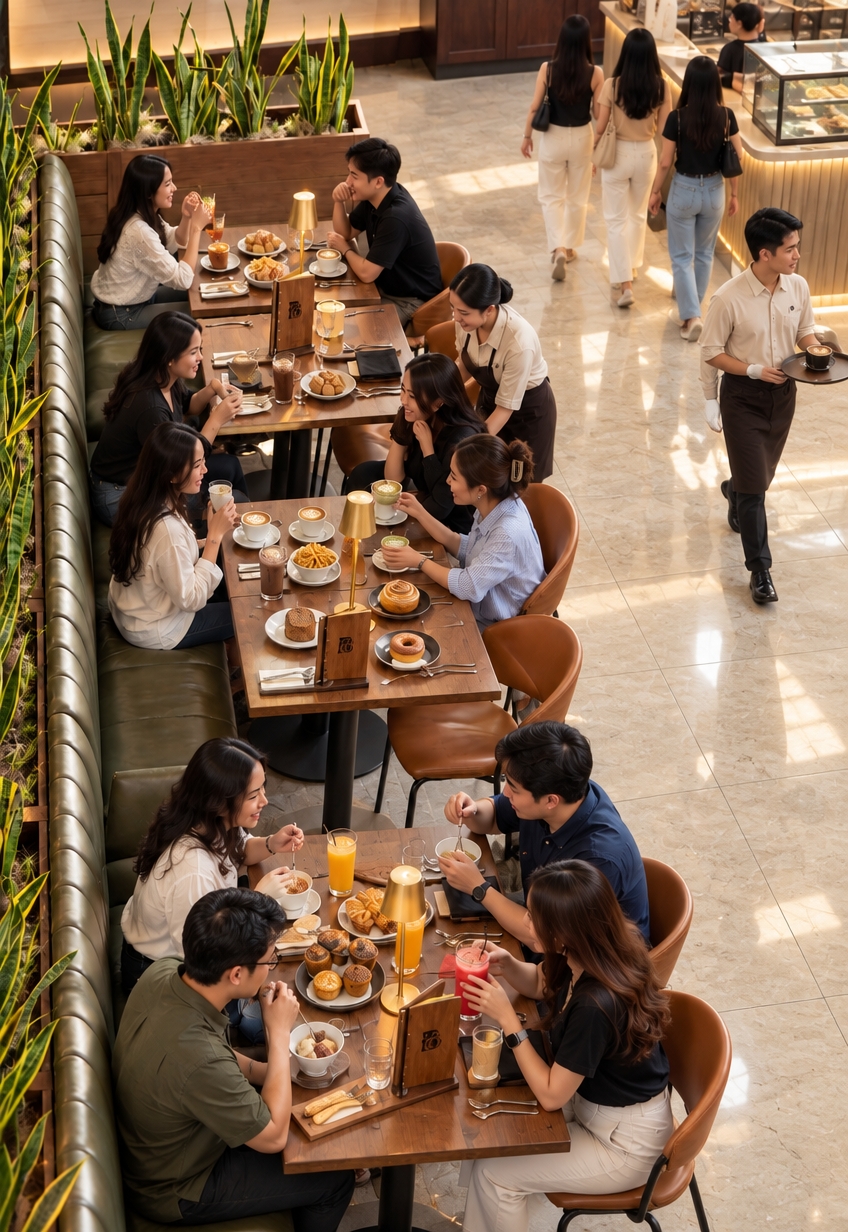 A high-angle interior photograph capturing the bustling coffee shop with its exact layout, patrons, wooden tables, and green banquette intact, featuring the floor replaced with large 100x100cm polished cream granite tiles with thin, precise grout lines. The smooth, light-toned stone reflects soft ambient daylight and the warm glow of the small brass table lamps, producing a bright, spacious, and upscale atmosphere. Shot with a crisp 35mm architectural lens, the image highlights authentic micro-reflections across the polished granite floor, realistic fabric and wood textures, gentle depth of field, and natural contact shadows under the furniture and moving guests.