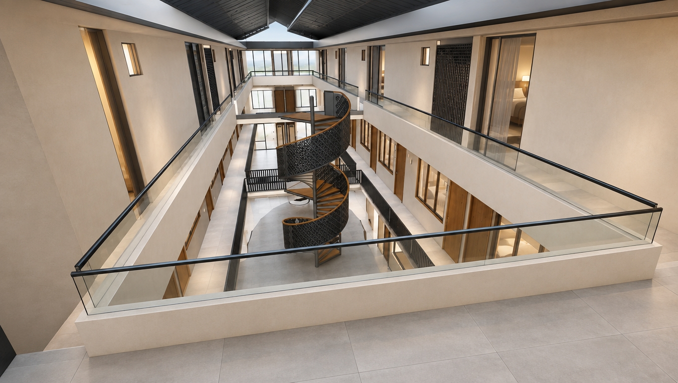 An incredibly lifelike, richly detailed, photorealistic high-angle interior shot of a contemporary hotel atrium set in a temperate urban environment. The scene is illuminated by soft, diffused natural daylight streaming from the roof vents, creating a serene and welcoming atmosphere complemented by 3000K warm interior glows emanating from the guest rooms. Captured with a 24mm wide-angle lens, emphasizing the crisp interplay of tactile materials and clean geometric lines.

The central void is anchored by a sculptural, minimalist spiral staircase, finished in matte black metal with rich wood tread inserts, perfectly centered within the courtyard. The surrounding walls are rendered in a sophisticated, soft pastel cream beige plaster that catches the gentle light, contrasting beautifully with the light gray, large-format ceramic floor tiles. On the ground and first levels, the guest room openings are framed with warm, natural wood-toned aluminum, lending a tactile, organic warmth to the circulation paths. Ascending to the second level, the aesthetic shifts to a more refined, modern edge, featuring expansive sliding glass doors framed in slim, matte-black aluminum. The railing system here is meticulously detailed with a 60cm solid cream-colored parapet topped by a sleek, transparent glass guard and a matte-black handrail, reflecting the morning light. Overhead, the two-pitched roof structure is finished with clean, dark metal framing, maintaining a sharp, rhythmic silhouette that emphasizes the building’s minimalist volume and harmonious vertical symmetry.
