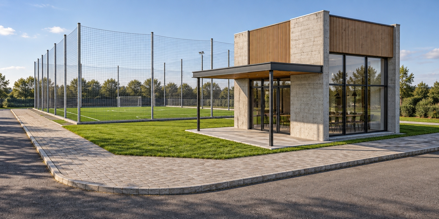 A sharp architectural photograph of the modern sports club buffet and soccer field under natural, clear daylight. The building displays realistic raw concrete and warm timber cladding, complemented by dark aluminum window frames with subtle glass reflections. Enclosing the background synthetic turf pitch, fine containment netting hangs taut between the tall steel poles. The flat green areas surrounding the building and pitch are rendered as lush, well-trimmed natural grass with visible blade texture, meeting the realistic interlocking stone pavement and asphalt street. Crisp sunlight creates authentic cast shadows, balanced highlights, and natural photographic depth while precisely maintaining the original composition and geometry.