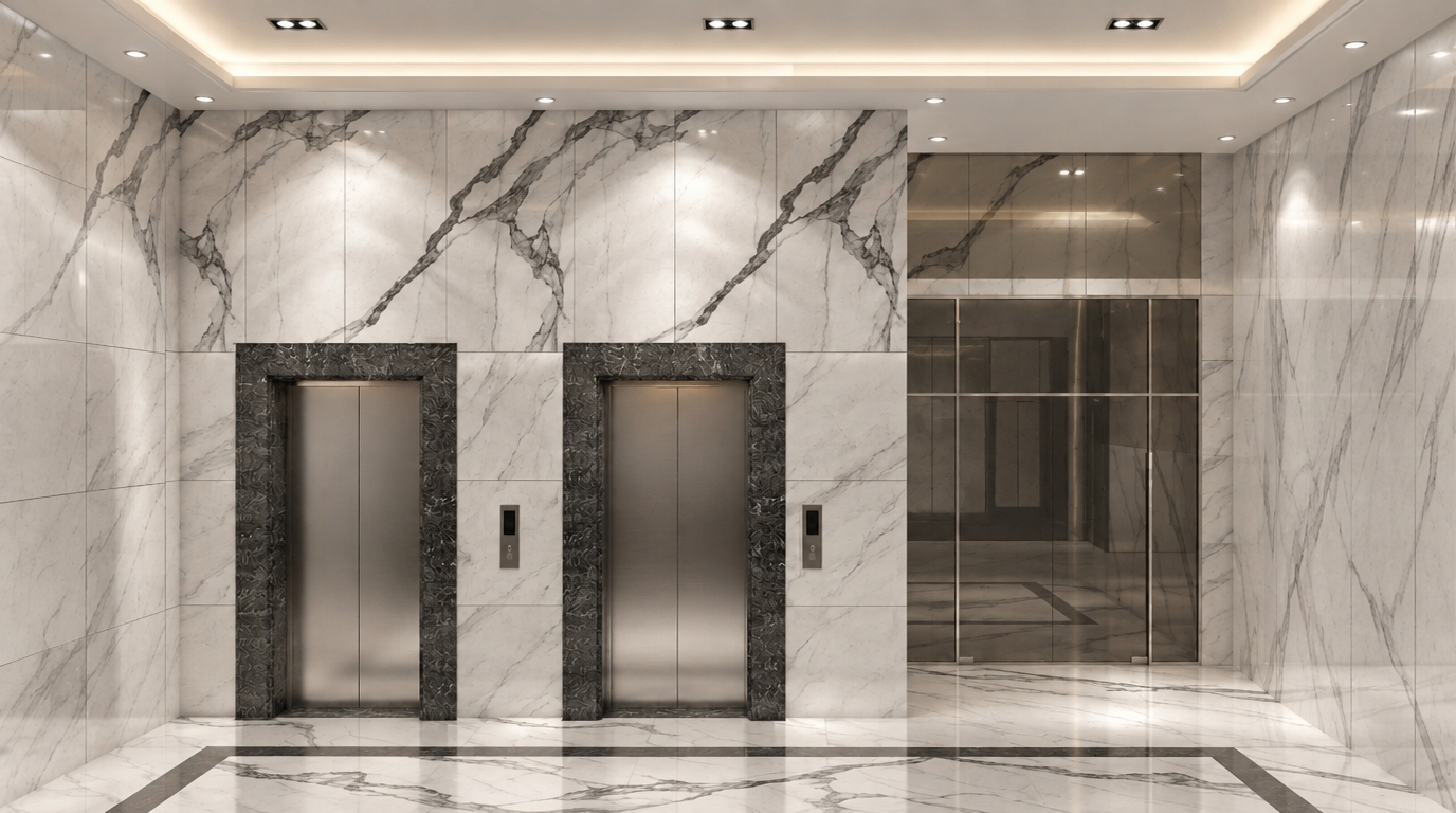 An incredibly lifelike, richly detailed, photorealistic interior shot of a sophisticated hotel lobby set in a minimalist haven. The scene is illuminated by soft, recessed perimeter cove lighting and crisp overhead pin-lights, creating a serene, uncluttered atmosphere. Captured with a 35mm wide-angle lens, emphasizing the dramatic, continuous veining of the book-matched white marble wall cladding that anchors the space.

This high-end foyer embodies a Zen-inspired aesthetic, where the monochromatic palette of stark whites and deep, cool grays promotes a sense of calm. The two central elevator bays are framed in rich, textured charcoal stone, contrasting beautifully against the polished, reflective floor surfaces. To the right, a sleek, floor-to-ceiling glass partition adds architectural transparency and depth, hinting at an adjacent, equally streamlined space. The composition is flawlessly balanced and symmetrical, highlighting the interplay between the organic flow of the marble patterns and the rigid, functional geometry of the elevator portals. Every surface is pristine and free of decorative excess, evoking the refined elegance found in luxury architectural photography books.
