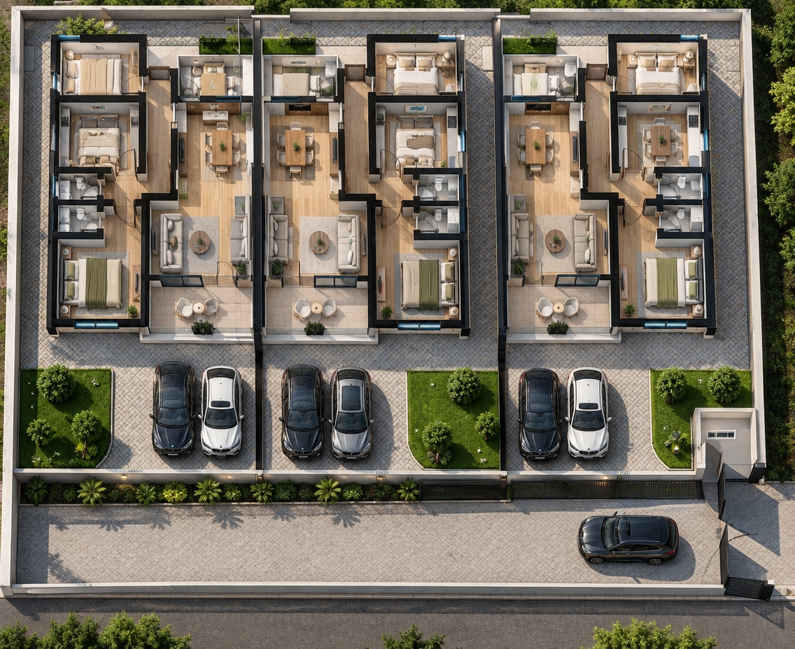 An incredibly lifelike, richly detailed, photorealistic high-angle aerial view of a trio of modern fusion townhouses set in a bright, upscale suburban enclave. The scene is illuminated by brilliant, direct summer midday sunlight that casts crisp, sharp geometric shadows, creating a pristine and dynamic atmosphere. Captured with a professional drone-mounted medium-format camera and a razor-sharp wide-angle lens, emphasizing tactile herringbone stone pavers, smooth white stucco walls, and sleek matte-black architectural trims. Each modular contemporary residence features wide front terraces and open-concept layouts visible through floor-to-ceiling glass doors, revealing warm hardwood flooring, industrial-inspired metallic accents, and vibrant abstract wall art inside the living and dining rooms. Outside, neatly parked luxury SUVs rest on paved stone driveways bordered by sculpted patches of lush emerald-green turf with manicured ornamental trees, all seamlessly organized alongside a streamlined perimeter wall and an elegant gated security entrance.