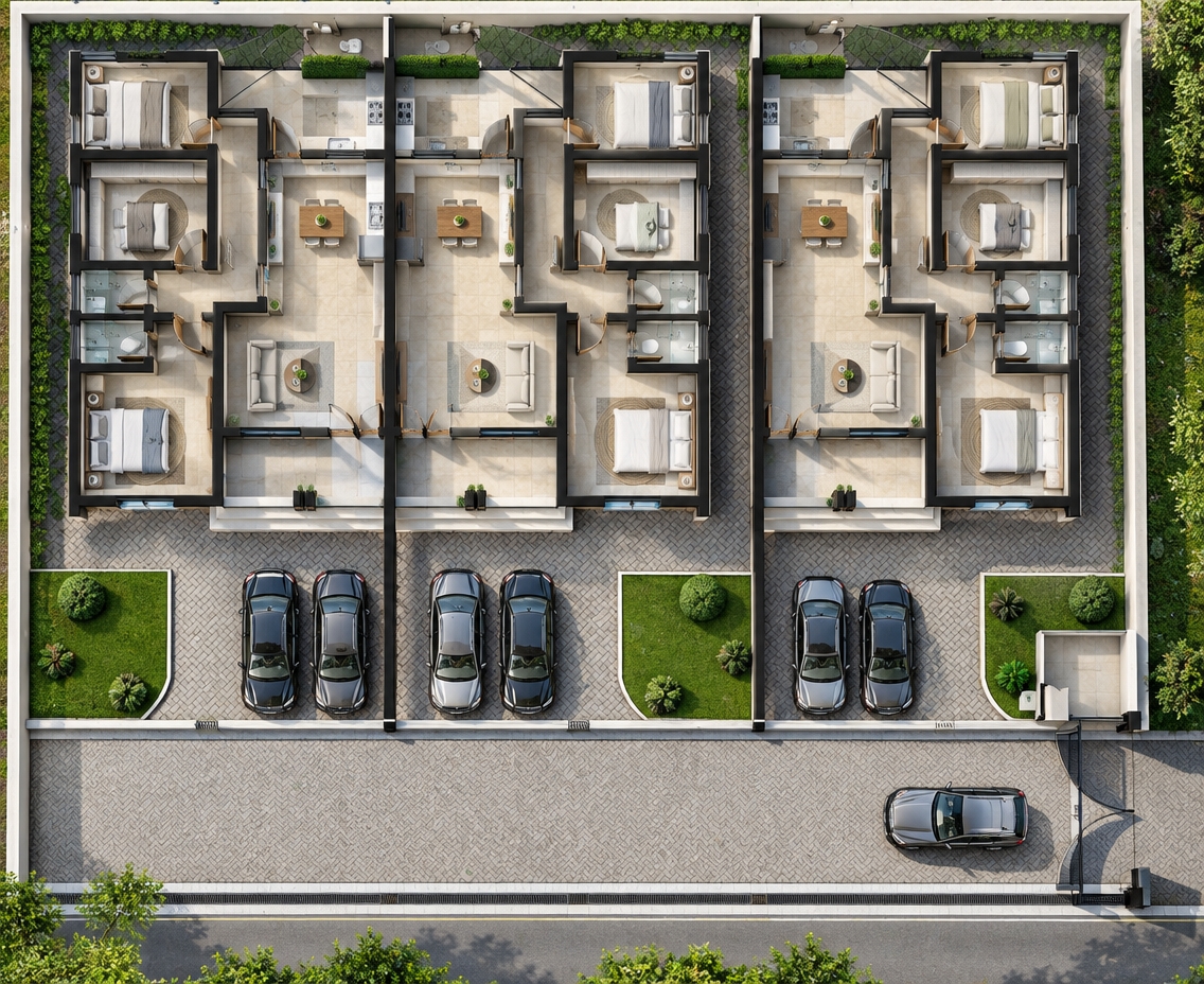 An incredibly lifelike, richly detailed, photorealistic top-down aerial photograph of a modern residential compound featuring three interconnected townhouses set in a sun-drenched suburban enclave. The scene is illuminated by brilliant, high-angle midday summer sunlight that casts sharp, precise shadows beneath the eaves and parked vehicles, creating a serene, impeccably organized minimalist atmosphere. Captured with a high-resolution drone camera using a sharp wide-angle lens, emphasizing the tactile herringbone stone pavers across the spacious driveways, smooth pristine white concrete dividing walls, and warm timber-clad terraces. Six glossy metallic SUVs sit perfectly parked in their designated bays beside emerald-green turf patches with neatly sculpted topiary, while another vehicle glides past the guardhouse near the perimeter gate, embodying the tranquil order of a secure modern haven.