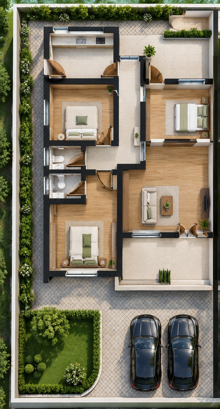 An incredibly lifelike, richly detailed, photorealistic top-down aerial photograph of a minimalist residential haven set in a sun-drenched suburban landscape. The scene is illuminated by brilliant midday summer sunlight that casts sharp, crisp micro-shadows along structural edges and foliage, creating a serene, pristine, and luminous atmosphere. Captured with a high-resolution medium-format aerial camera, emphasizing the tactile textures of interlocking diamond-patterned stone pavers, clean white perimeter walls, and polished interior hardwood and tile surfaces. 

Preserving the precise layout of the residence, the cutaway perspective reveals airy living spaces, seamless corridors, and sunlit private terraces. The surrounding grounds boast elevated landscaping, featuring a manicured corner garden blanketed in vibrant emerald turf, trimmed topiary shrubs, and the lush, dappled canopy of mature ornamental trees. At the front, two sleek, glossy black modern sedans rest quietly on the impeccably paved driveway, completing this perfectly ordered, tranquil summer sanctuary.
