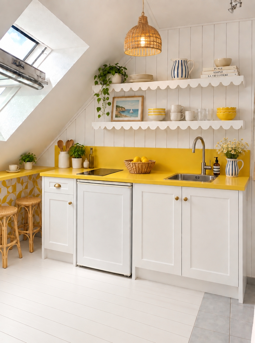 Keep everything exactly as it is. Only replace the grey carpet with a white-painted wood floor look, and extend the existing tiled area naturally next to the kitchen.