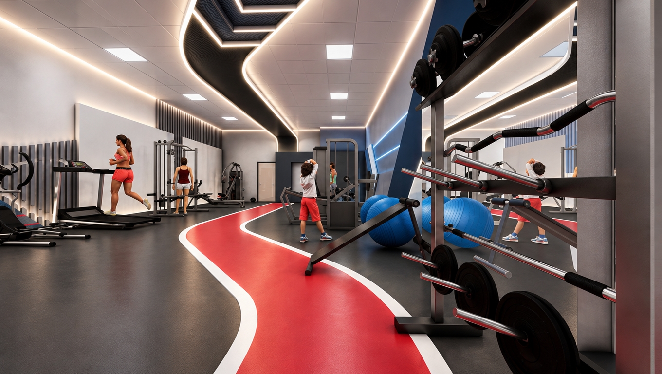 An incredibly lifelike, richly detailed, photorealistic wide-angle interior shot of a contemporary women’s fitness club set in a state-of-the-art urban facility. The scene is illuminated by an advanced, fluid lighting design that traces the sinuous architectural curves of the ceiling, creating an energetic and high-performance atmosphere. Captured with a Phase One XF with a 24mm wide-angle lens, emphasizing the seamless integration of recessed LED coves that bathe the surfaces in a crisp 4000K neutral-white glow, highlighting the bold red running track and the sleek, matte-finished equipment.

The lighting design operates as a rhythmic pulse, with concealed linear strips following the organic, sweeping geometry of the black-and-white ceiling, effectively mirroring the trajectory of the red track below. Soft, indirect wash lighting emanates from the ceiling voids, casting gentle gradients across the gray and white wall panels to enhance spatial depth and eliminate harsh shadows. Subtle, targeted accent lighting grazes the blue architectural features, lending a sophisticated pop of color that balances the monochromatic palette. The illumination is meticulously balanced, ensuring clear visibility for movement while maintaining a clean, glare-free environment that feels both professional and inspiring. Every reflection on the polished surfaces is calculated and soft, reinforcing the Zaha Hadid-inspired philosophy of continuity and grace in this high-end fitness sanctuary.