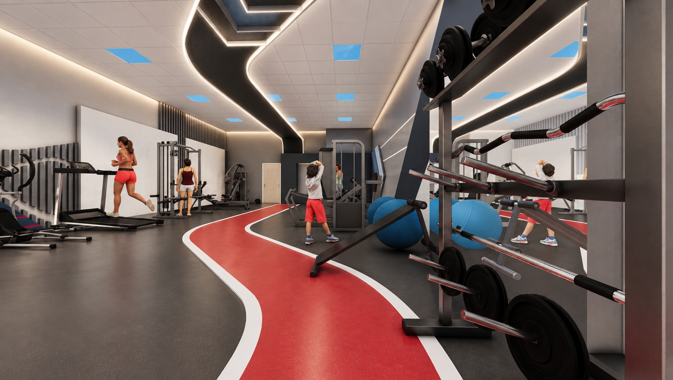 An incredibly lifelike, richly detailed, photorealistic wide-angle interior shot of a modern women's fitness club set in a sleek, high-end urban wellness facility. The scene is illuminated by sophisticated, minimalist linear LED strips seamlessly integrated into the serpentine black ceiling contours, casting a soft, diffuse glow that traces the architectural curves and gently washes the white ceiling panels in a serene, neutral-white radiance. Captured with a 24mm wide-angle lens, the composition emphasizes the clean geometry of the space, where hidden cove lighting eliminates harsh shadows and replaces stark contrast with a calm, balanced ambient light that highlights the bold red of the running track and the subtle blue accents of the ceiling inlays without the need for additional fixtures. The lighting strategy enhances the premium finishes of the matte-black equipment and the textured gray walls, creating a crisp, professional atmosphere that feels both airy and focused, ensuring every workout zone is uniformly bright and inviting while maintaining a minimalist aesthetic free of visual clutter or glare.
