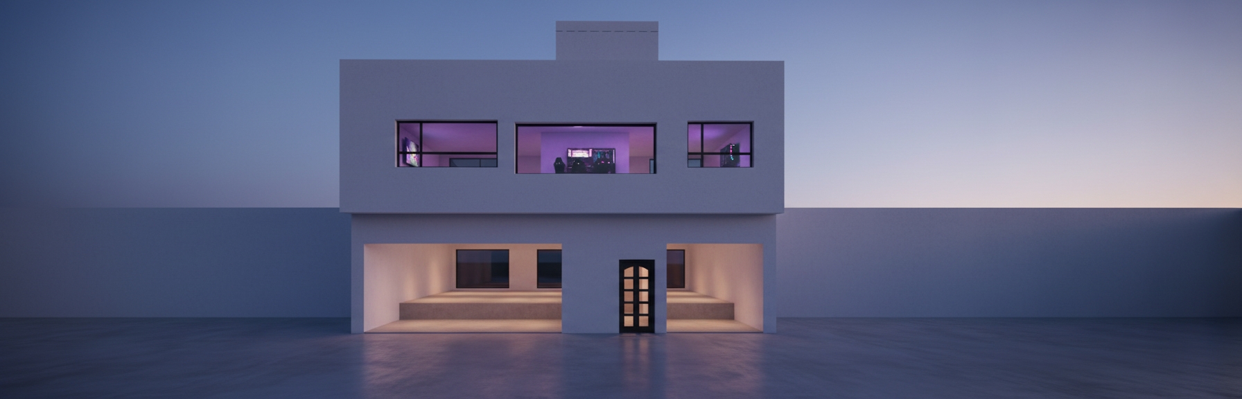 An incredibly lifelike, richly detailed, photorealistic eye-level exterior shot of a modern minimalist residence set in a serene, twilight-dusk environment. The scene is illuminated by soft, warm interior accent lighting spilling from the windows, creating a cozy and inviting "gaming room" sanctuary atmosphere. Captured with a 35mm lens, emphasizing the crisp contrast between the smooth, matte-white stucco facade and the deep, dark-tinted recessed glazing. 

The architecture follows a bold, clean-lined aesthetic; the ground floor features dual cavernous, recessed openings that serve as a sheltered transition space, leading to a central, elegant glass-paned entrance door. Upstairs, the minimalist composition is anchored by a panoramic, horizontal window that glows with the soft violet and cyan ambient light of a high-end gaming setup visible inside. The ground is finished in brushed concrete, reflecting the building's sharp geometry, while the entire structure is framed by a clear, gradient evening sky that shifts from deep indigo to a pale horizon glow, highlighting the home as a peaceful, high-tech haven.