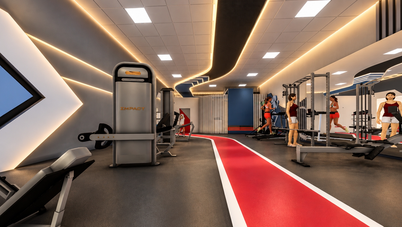 An incredibly lifelike, richly detailed, photorealistic wide-angle interior shot of a premier women’s fitness club, characterized by a high-performance architectural lighting design that masterfully balances luxury and functionality. The space is illuminated by a sophisticated interplay between crisp 4200K neutral-white light emanating from the precisely arranged square ceiling fixtures, providing clear, shadow-softened functional illumination for the cardio and strength equipment, and a warm, 3000K golden glow secreted within the fluid, curvilinear ceiling coves. Captured with a professional architectural lens, the lighting emphasizes the tactile contrast between the cool gray structural elements, the vibrant red of the central running track, and the sleek metallic finishes of the Impact exercise stations. The atmosphere is one of refined, high-end wellness; soft, indirect gradients wash across the walls, while subtle highlights accentuate the rhythmic curves of the ceiling, creating a sense of dynamic movement that feels both energizing and deeply professional. Reflections on the polished surfaces are realistic and controlled, devoid of harsh glare, with every architectural detail preserved in sharp focus to convey an environment that is as technologically advanced as it is welcoming and exclusive.