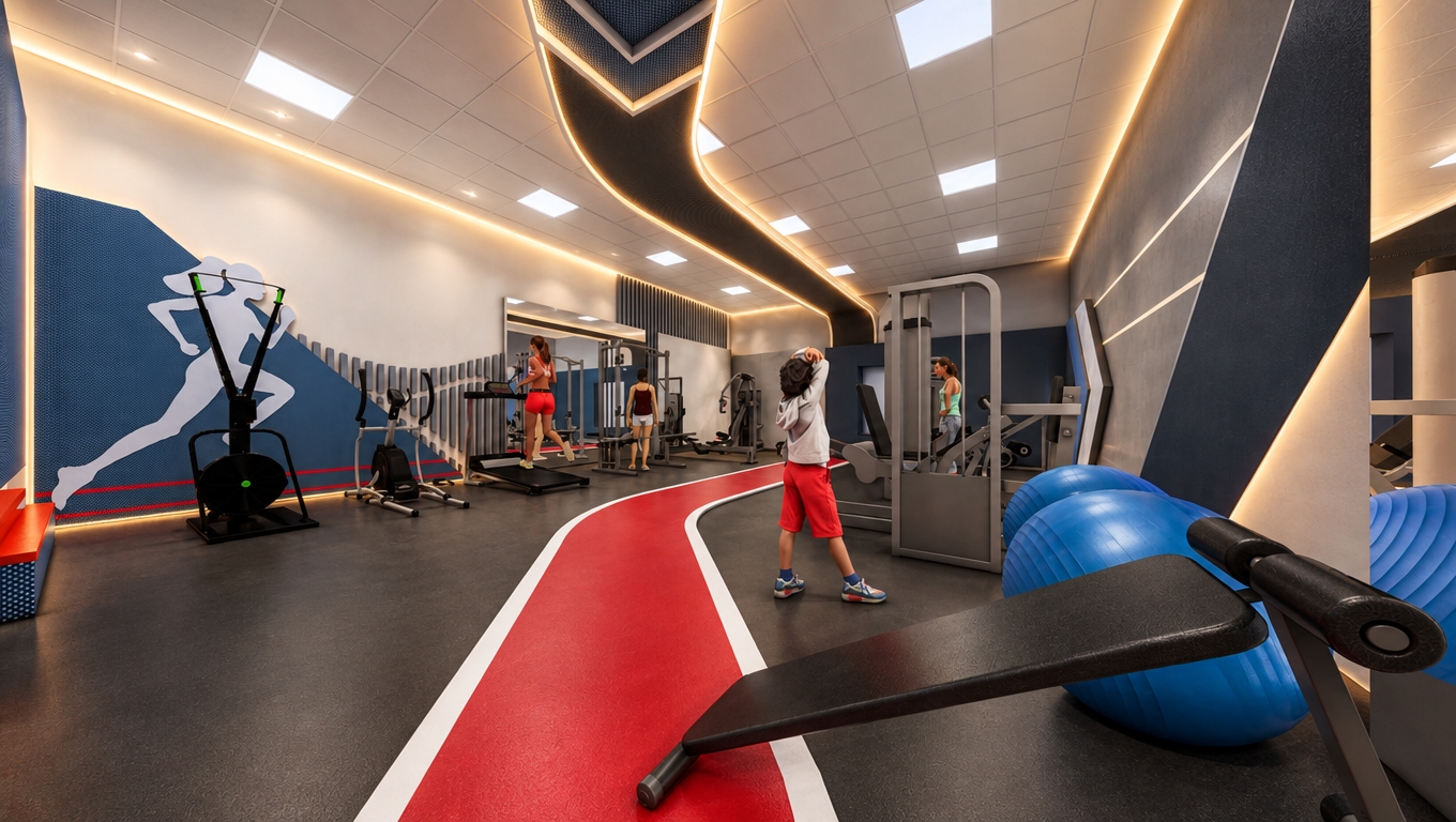 An incredibly lifelike, richly detailed, photorealistic wide-angle interior shot of a premium women’s fitness club set in a sophisticated urban wellness environment. The scene is illuminated by a masterful balance of 4000K neutral-white task lighting emanating from the square ceiling recesses, which ensures precise visibility across the exercise equipment and the bold, iconic red running track, contrasted beautifully by 3000K warm golden architectural lighting tucked into the flowing, organic ceiling channels to emphasize their curvilinear grace and luxurious depth. Captured with a professional-grade wide-angle lens, the image highlights the crisp textures of the high-performance rubber flooring, the sleek metallic finishes of the fitness machinery, and the vibrant blue wall graphics, all rendered with soft, natural light falloff and subtle, realistic shadows that ground the equipment in the space. The composition maintains the original architectural integrity, with the interplay of cool functional light and soft, warm atmospheric accents creating an energetic, high-end, and welcoming atmosphere that defines a top-tier contemporary wellness retreat.