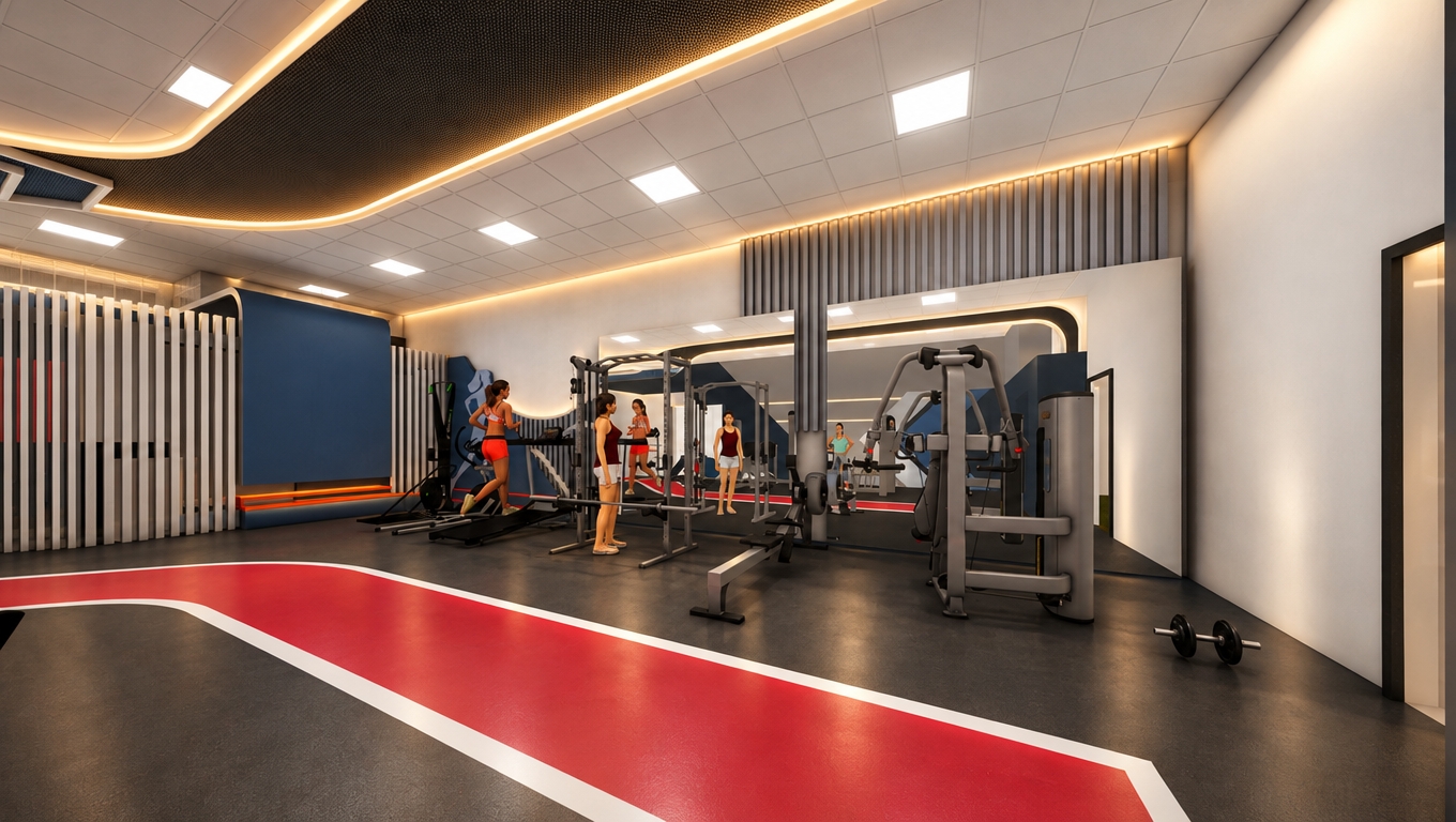 An incredibly lifelike, richly detailed, photorealistic wide-angle architectural photograph of a premium women’s fitness club, captured with a 24mm tilt-shift lens to emphasize the precise geometry of the space. The scene is illuminated by a sophisticated dual-layered lighting strategy: the 60x60 cm modular ceiling grid features perfectly integrated, neutral-white 4500K square LED panels that provide crisp, functional illumination for the workout zones, while concealed 3000K warm-white LED strips trace the sweeping, organic curves of the black ceiling architecture, creating a soft, golden glow that adds depth and a high-end wellness atmosphere. This contrast between the clinical precision of the white modular lighting and the fluid, luxurious warmth of the concealed architectural accents highlights the premium materiality of the space, from the matte black fitness equipment to the vibrant, high-contrast red running track. The lighting is balanced to minimize harsh reflections on the floor-to-ceiling mirrors while casting soft, natural-looking shadows that define the spatial volume. Captured at eye level to provide an immersive, professional-grade perspective, the image reveals a clean, energetic environment where professional athletic performance meets the refined aesthetics of a luxury boutique hotel, with every texture—from the acoustic-paneled ceiling voids to the sleek, rubberized flooring—rendered with tactile clarity and subtle, realistic light-bounce.